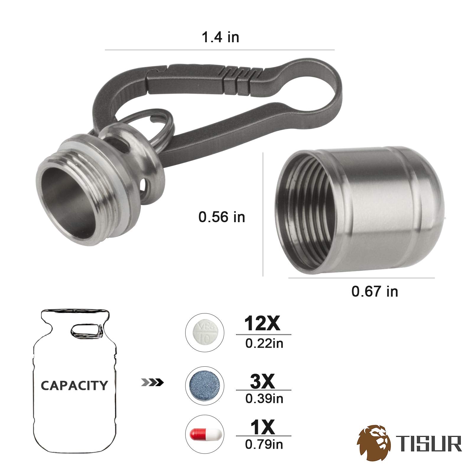 TISUR Portable Pill Cases, Metal Titanium Pill Holder Pocket Pill Box Keychain Waterproof Pill Bottle Medicine Organizer Case Co