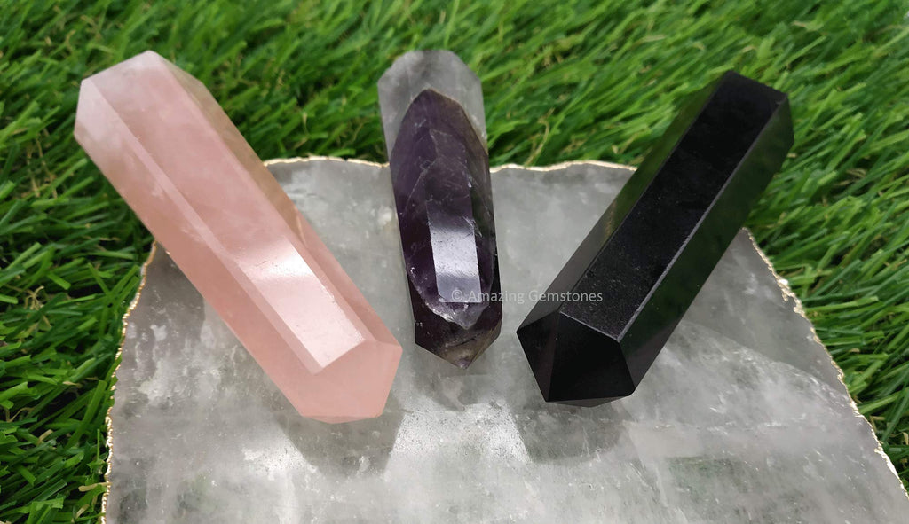 Set of 3 Amethyst, Rose Quartz, Black Tourmaline Crystal Towers ~ Natural Healing Crystal Point Obelisk for Reiki Healing and Cr