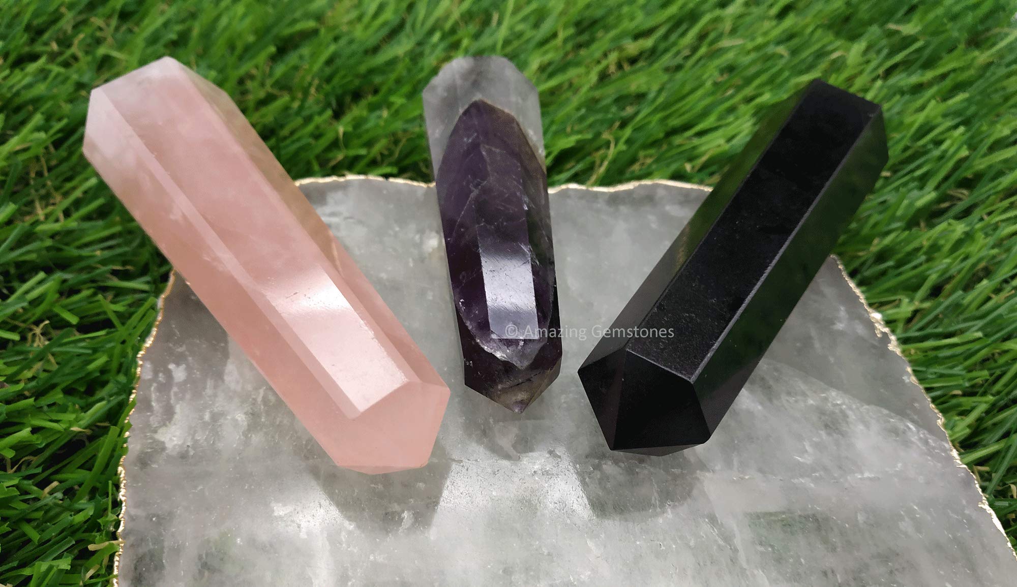 Set of 3 Amethyst, Rose Quartz, Black Tourmaline Crystal Towers ~ Natural Healing Crystal Point Obelisk for Reiki Healing and Cr