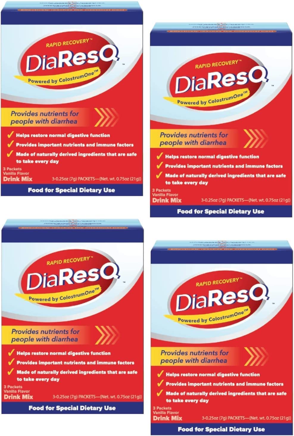 DiaResQ Rapid Recovery Diarrhea Relief - 3 Packets, Pack of 4
