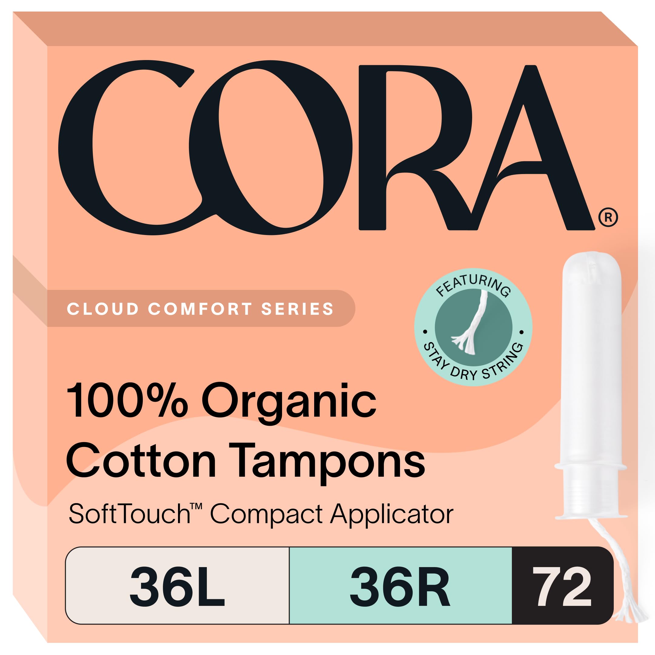 Cora Organic Applicator Tampon Multipack | 36 Light & 36 Regular Absorbency | 100% Organic Cotton, Unscented, BPA-Free Compact A