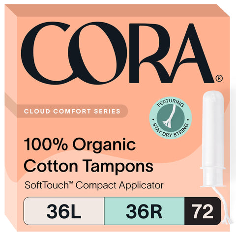 Cora Organic Applicator Tampon Multipack | 36 Light & 36 Regular Absorbency | 100% Organic Cotton, Unscented, BPA-Free Compact A