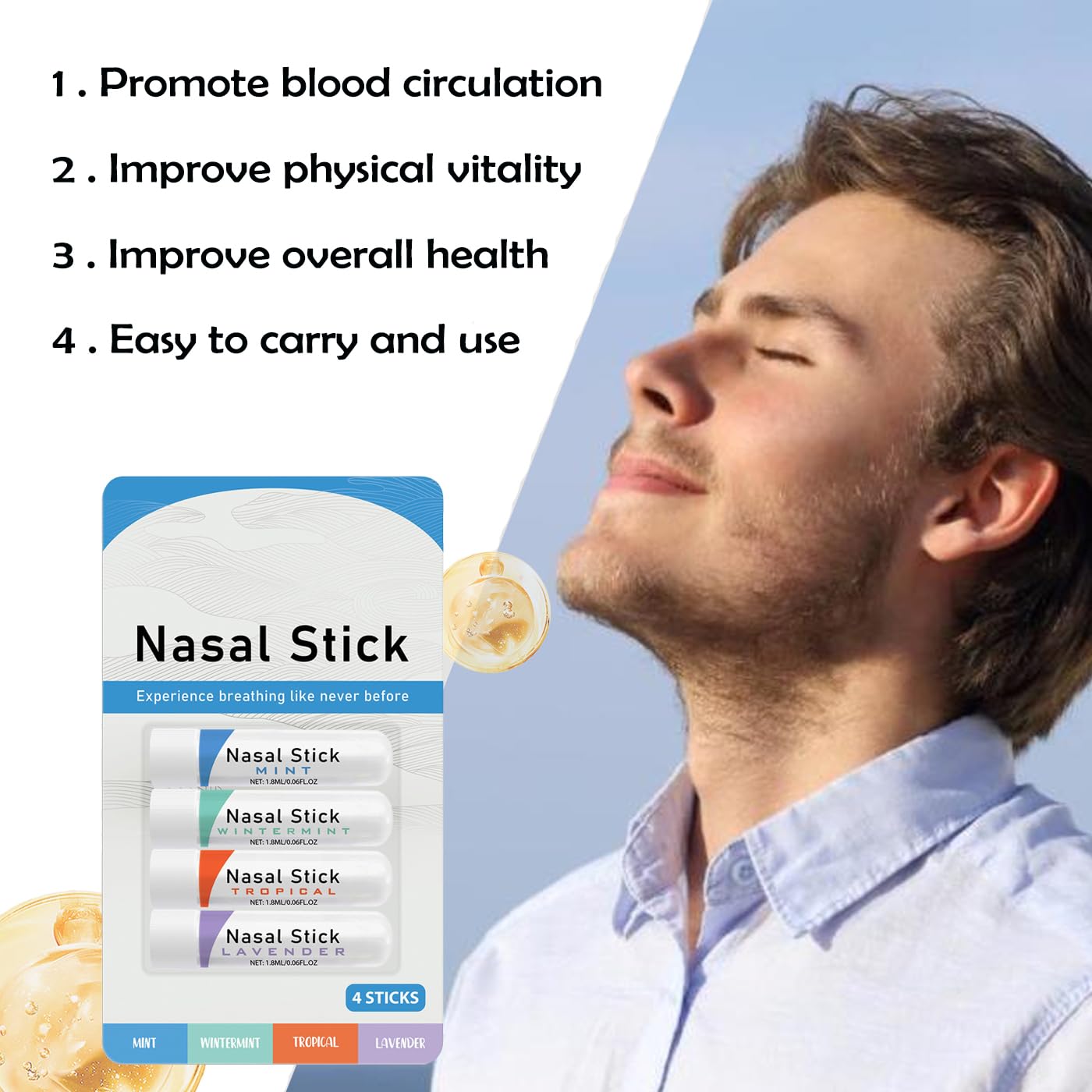 Nasal Stick, Enhances Breathing and Boosts Focus, Portable Vapor, Aromatherapy Stick, Daily Relaxation, Stress Relief, Pure and