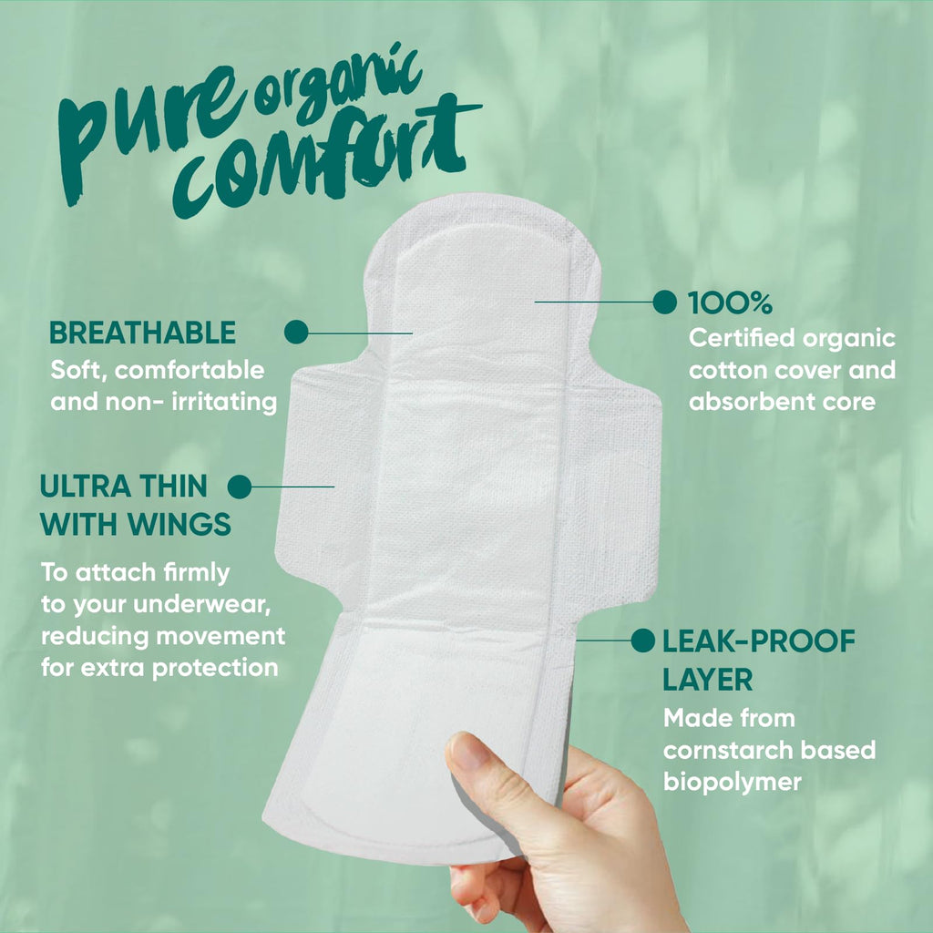 Oi | Organic Initiative - Ultra-Thin Pads with Wings | Super | 100% Certified Organic Cotton, Unscented | Leak Free, Biodegradab