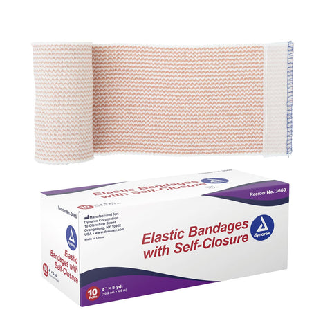 Dynarex 3660 Elastic Bandage with Self-Closure, 4'' x 5 yds, Provides Compression for Injuries, Cotton, and Spandex, Non-Sterile