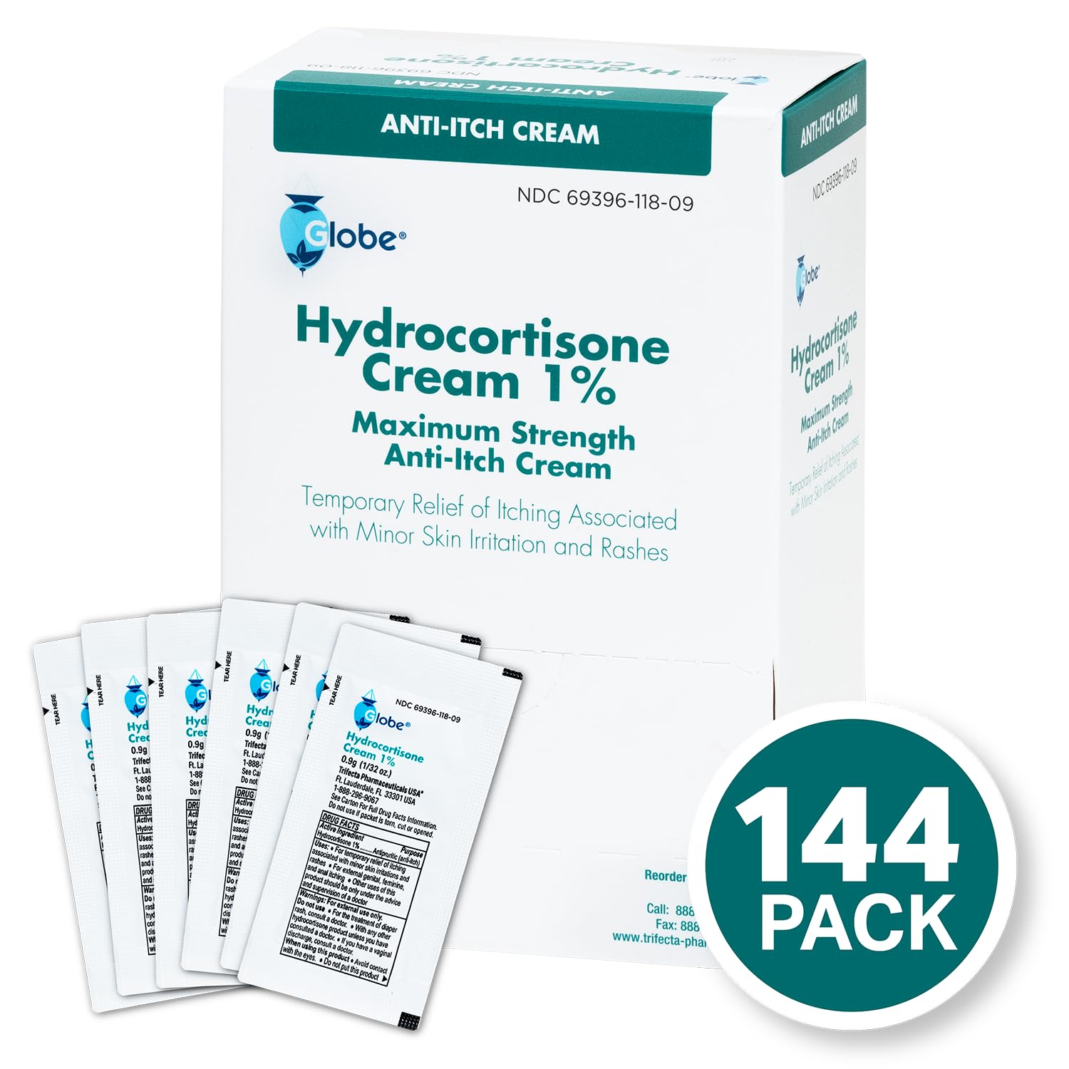 Globe (Box 144 Hydrocortisone 1% Maximum Strength Cream, (0.9g Single Packet) Anti-Itch Cream for Redness, Swelling, Itching, Ra