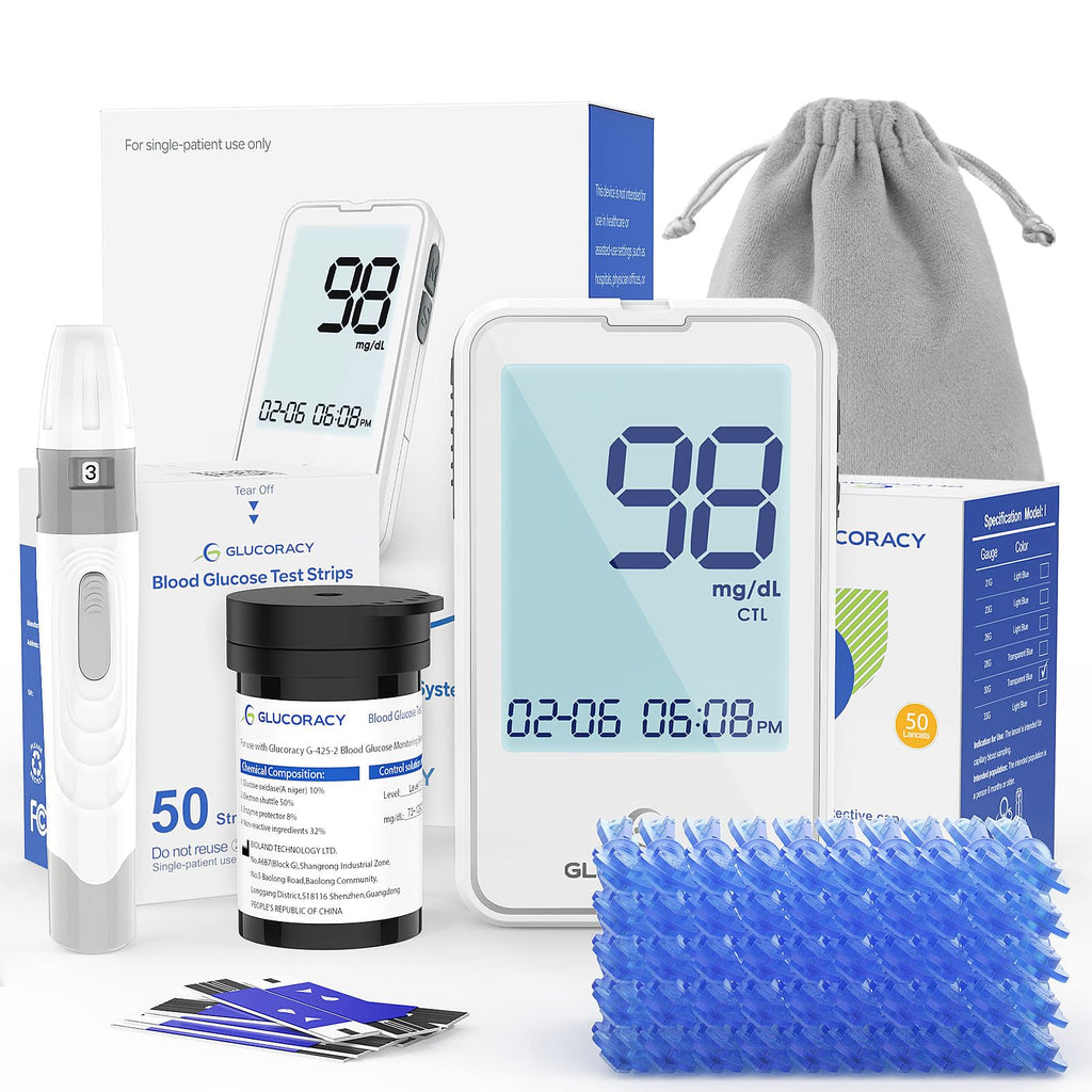 Glucoracy G-425-2 Blood Glucose Monitor Kit, 50 Test Strips and 50 Lancets, Blood Sugar Test Kit with Lancing Device, Diabetes T