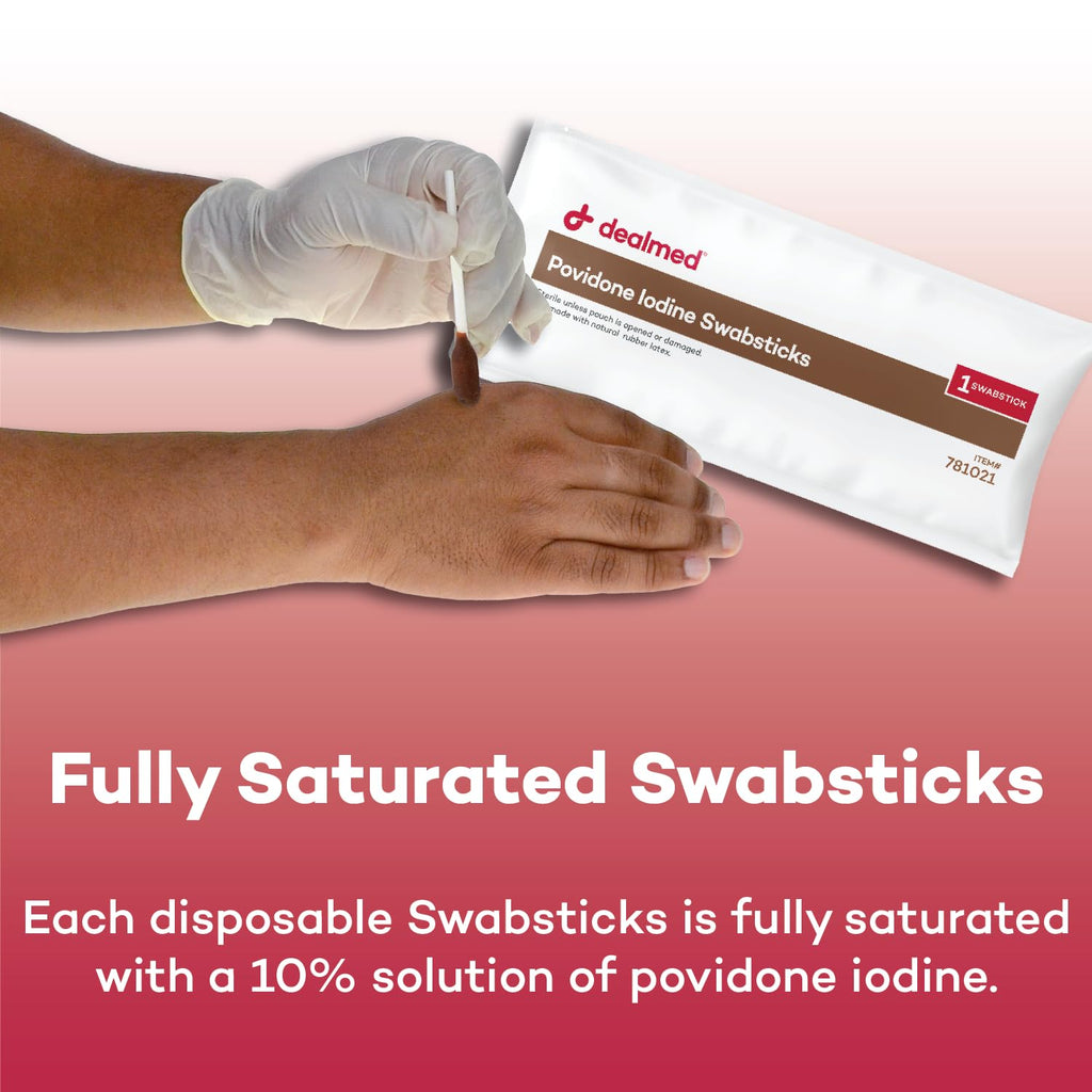 Dealmed Povidone Iodine 10% Swabsticks - Individually Sealed Packets Perfect for Wound Care and Portable First Aid Kits, 50/Box