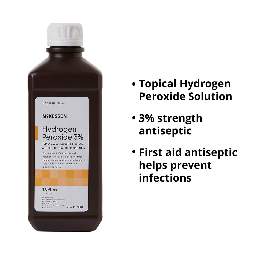 McKesson Hydrogen Peroxide 3%, 16 oz [Pack of 12] Bulk, Topical Solution USP, First Aid Antiseptic, Oral Debriding Agent