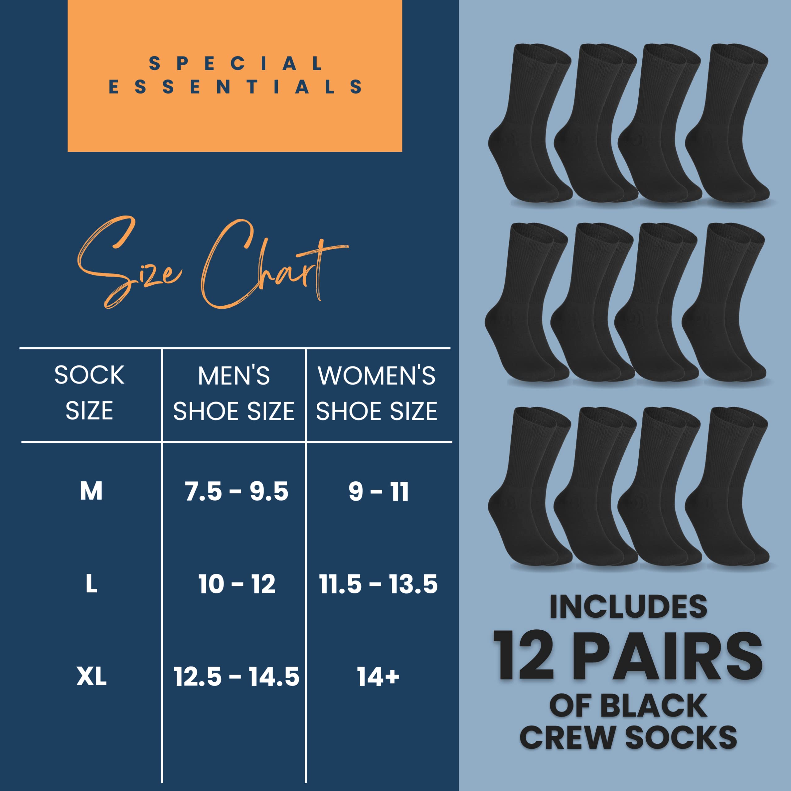 Special Essentials 12 Pairs Cotton Diabetic Socks for Men & Women - Non-Binding Extra Wide Top Neuropathy Socks - Crew Socks Bla
