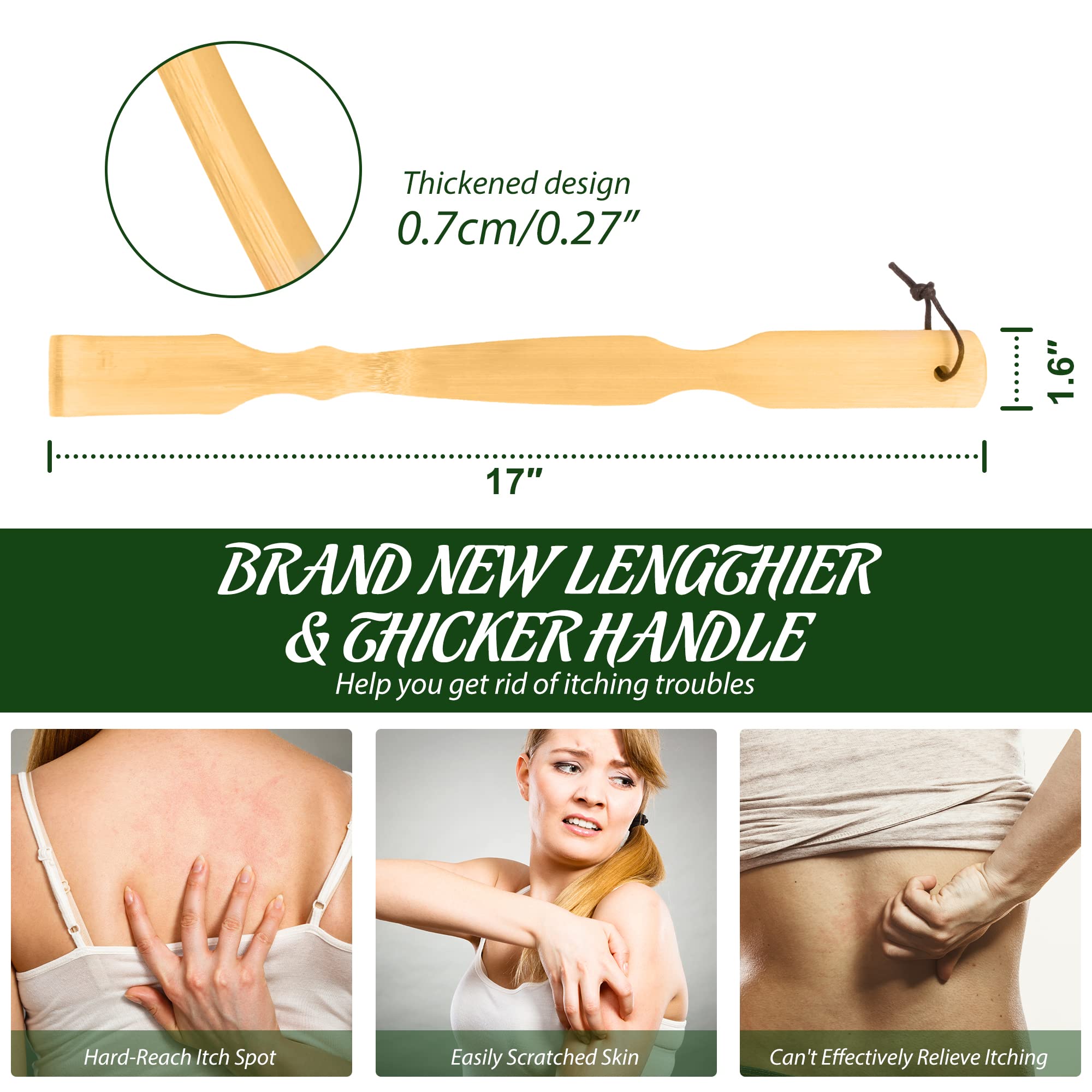 Renook Wooden Bamboo Back Scratcher, 17 Natural Handmade Back Scratchers for Men and Women, New Upgraded Long Handle Back Massag
