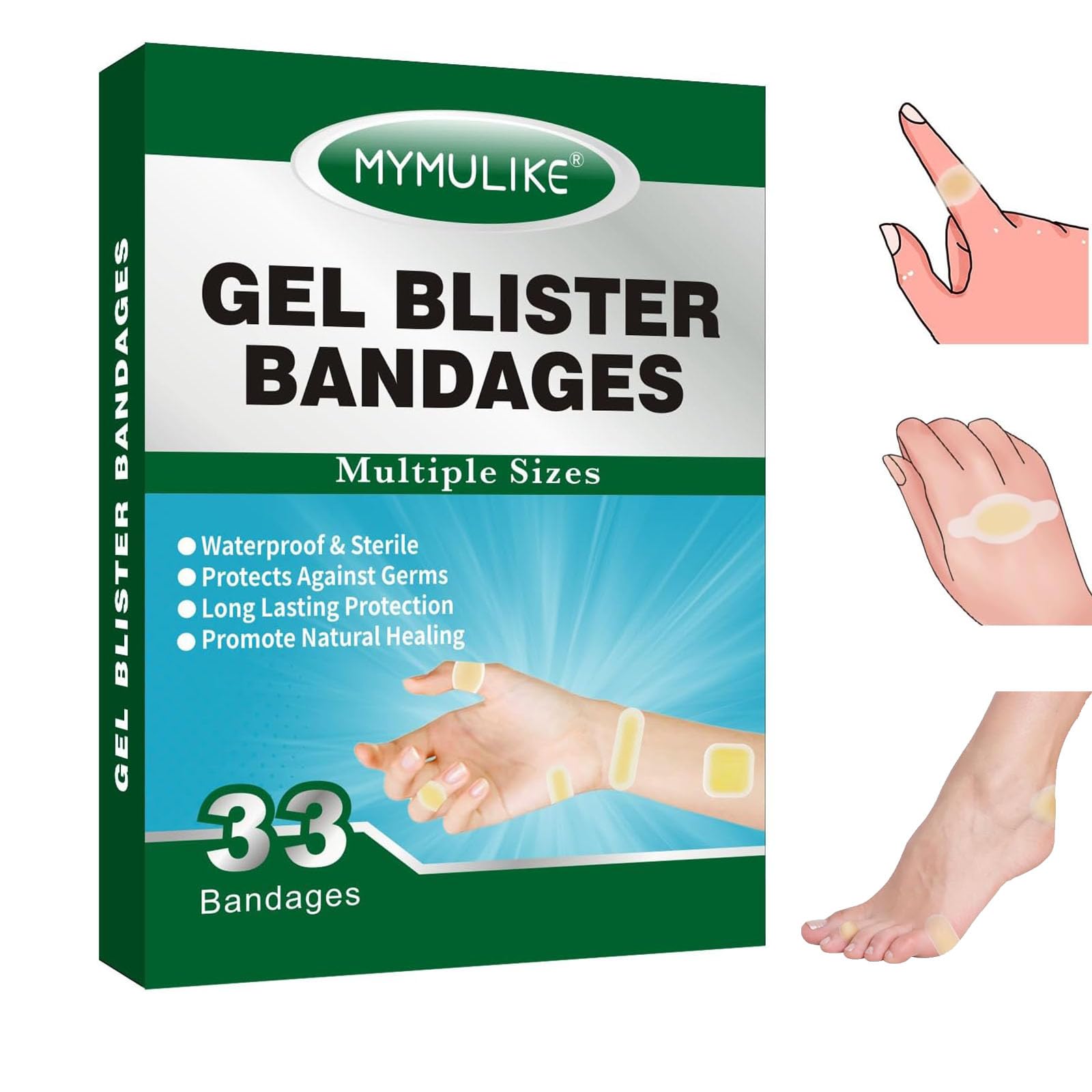 MYMULIKE Blister Bandages, 33 Count Hydrocolloid Blister Pads for Feet, Fingertip, Hand, Heel, Toe with Invisible Gel Cushions f