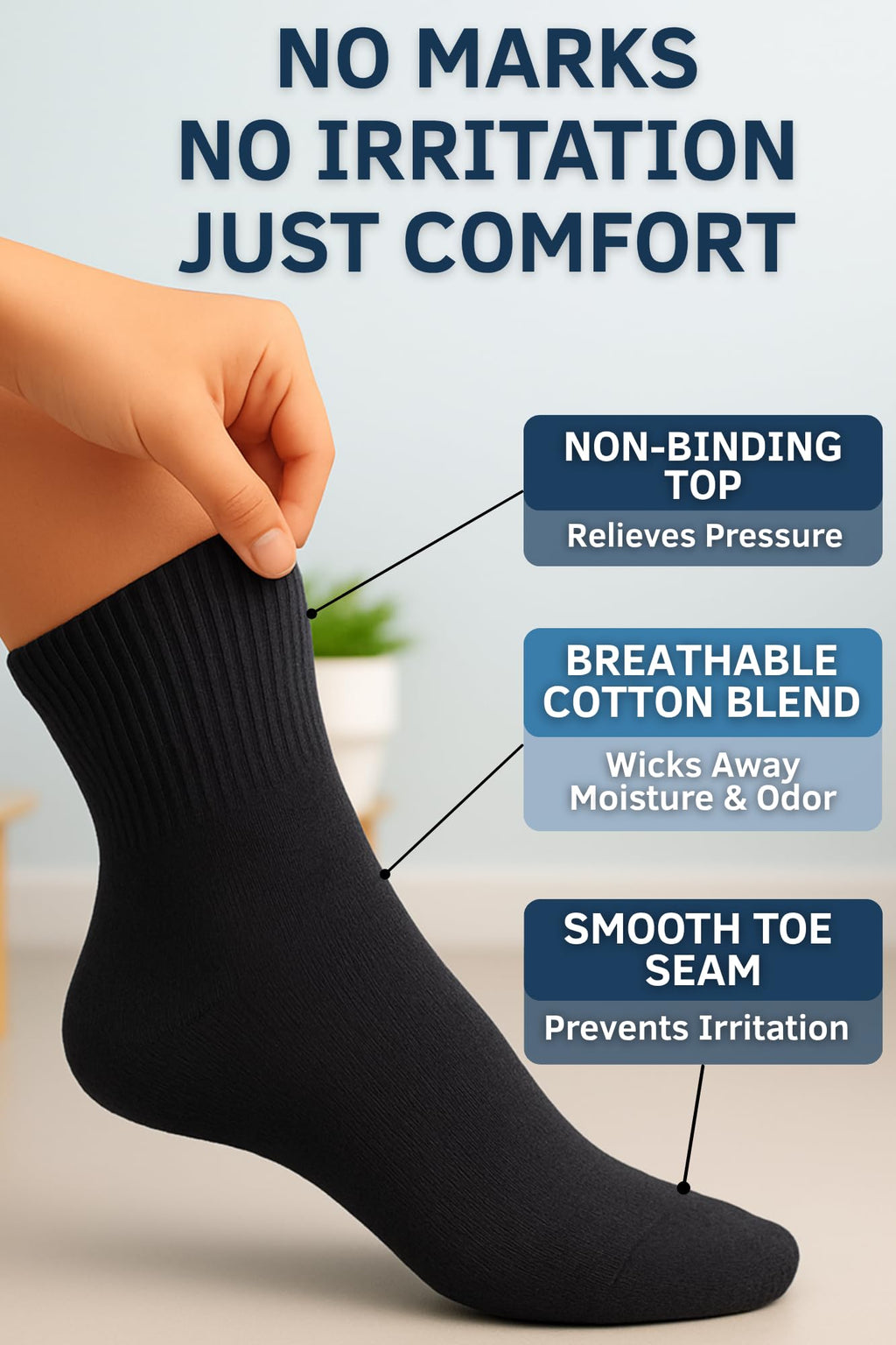 Special Essentials 12 Pairs Cotton Diabetic Ankle Socks - Non-Binding With Extra Wide Top For Men and Women White and Black 9-11