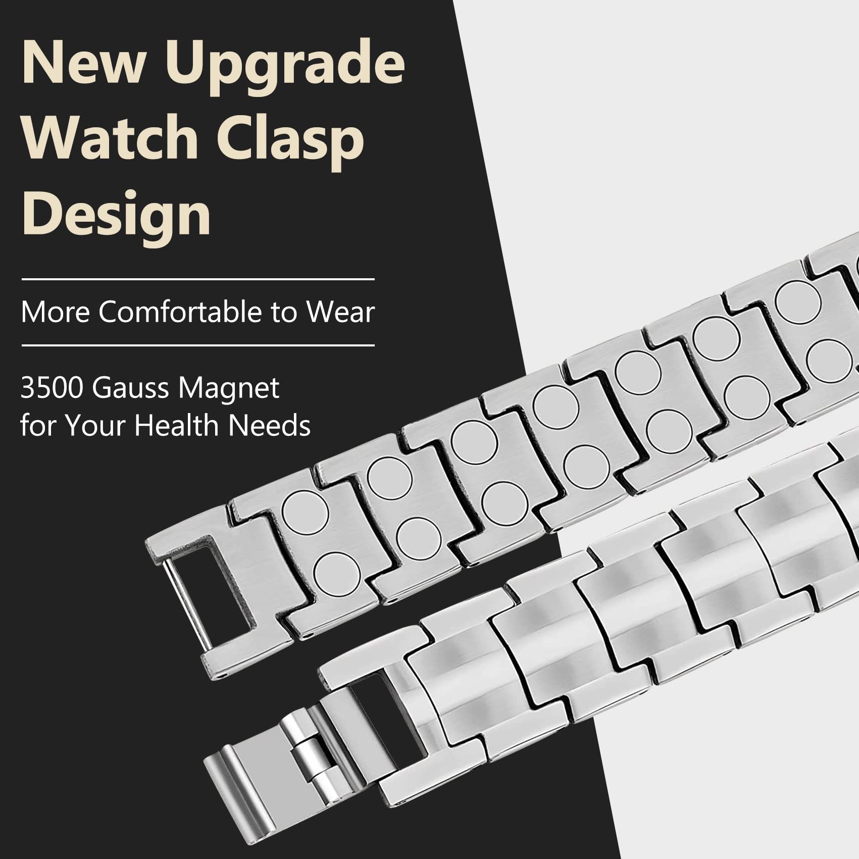 Feraco Magnetic Bracelet for Men Titanium Steel Magnetic Bracelet for Men with Double Row Magnets Adjustable (Silver)
