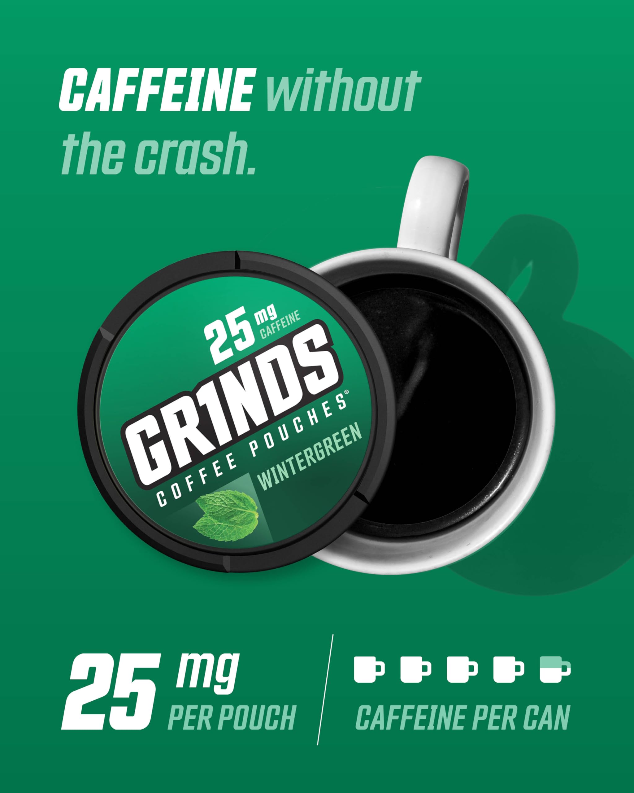 Grinds Coffee Pouches | Tobacco Free, Nicotine Free Healthy Alternative | 6 Cans of Wintergreen | 18 Pouches Per Can | 1 Pouch e
