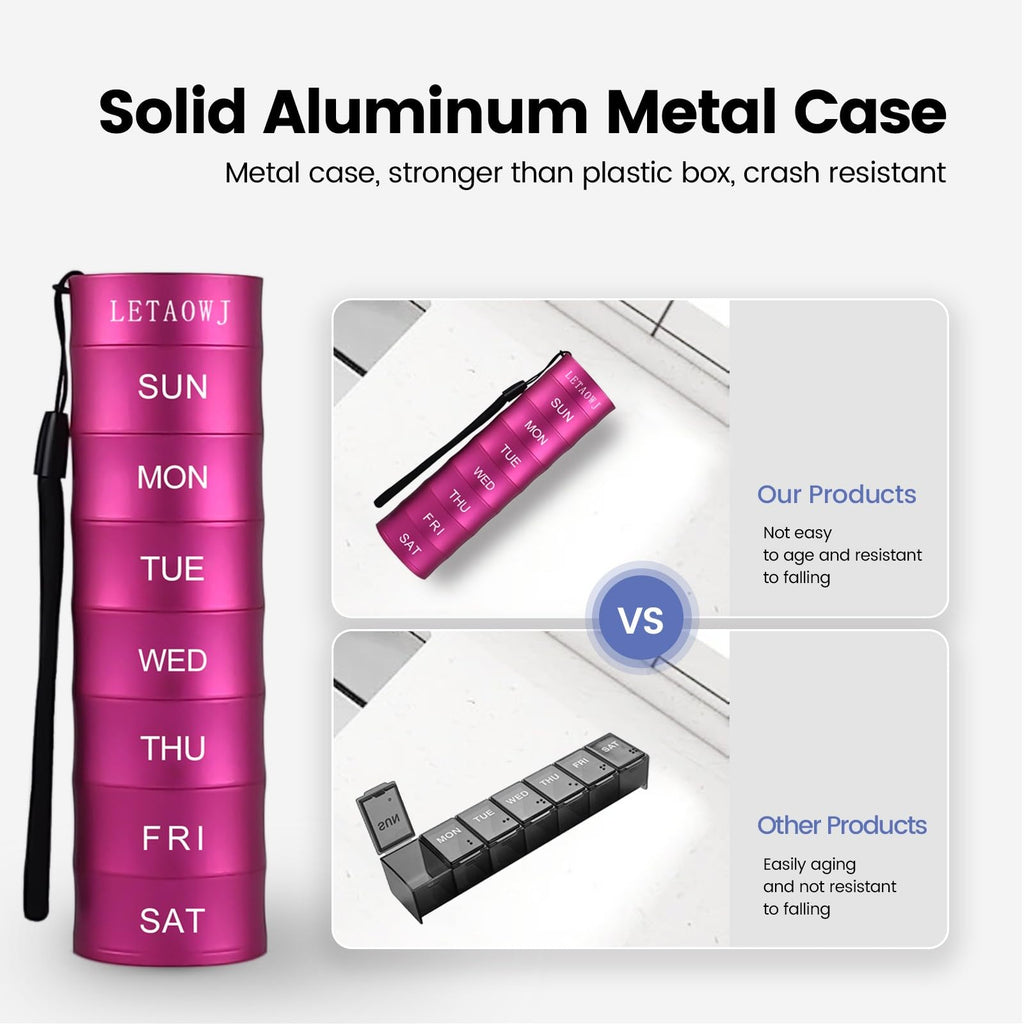 Weekly Travel Stackable Pill Organizer, Large Capacity Metal Pill Case 7-Day Compartment Medicine Box Waterproof Pill Container