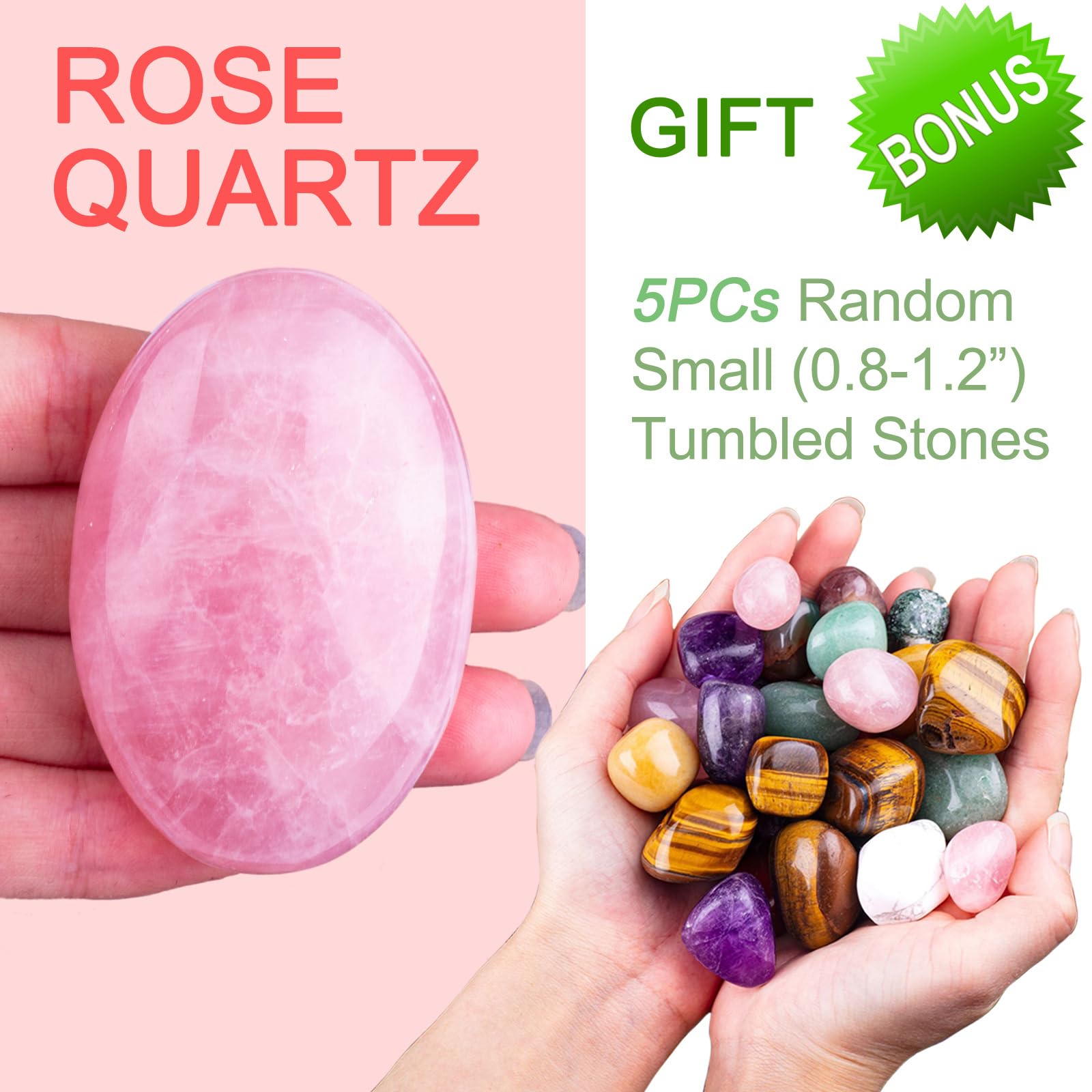 1PC Rose Quartz Natural Oval Palm Stone 2.4+ 5PCs Healing Gemtone, STINO Worry Stone for Anxitey, Pocket Healing Crystal Gem Sto