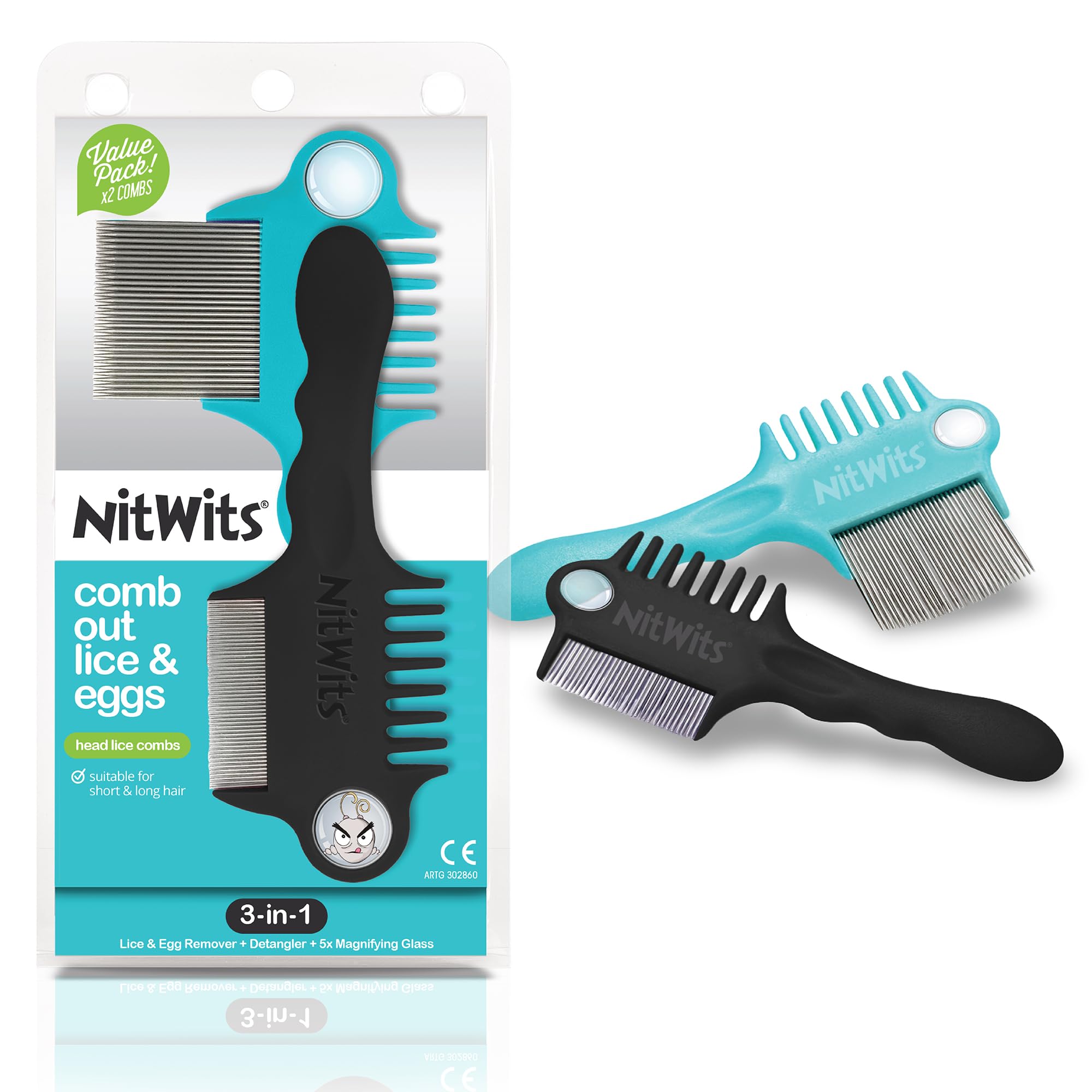NitWits Head Lice & Egg Comb 2 Pack, 3-in-1 Lice Comb, Detangles, Removes Lice & Eggs and Includes 5x Magnifying Glass