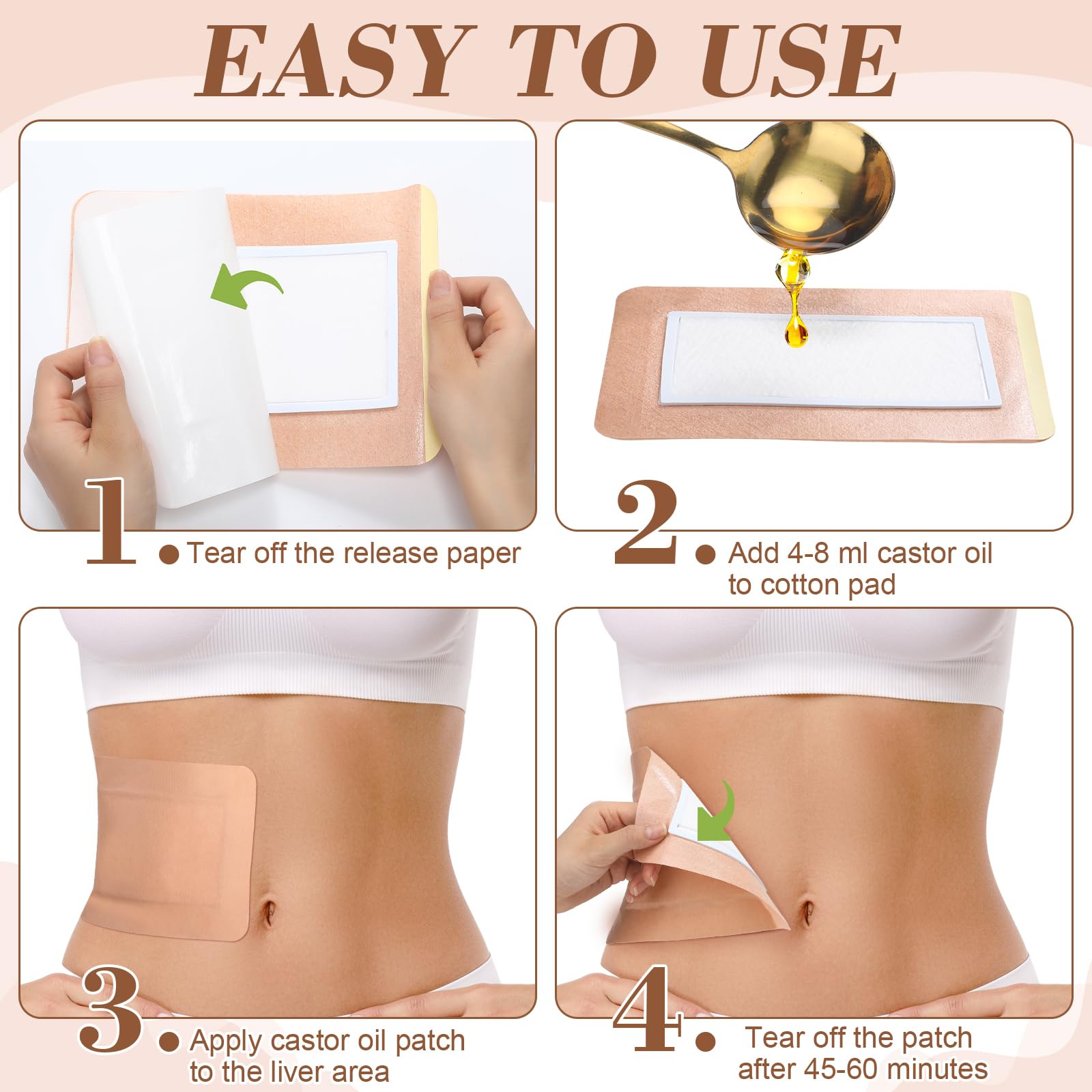 Geiserailie 80 Pcs Castor Oil Pack Wrap Disposable Castor Oil Patches Wrap Self Adhesive Pads Castor Oil Pack for Belly Waist Kn