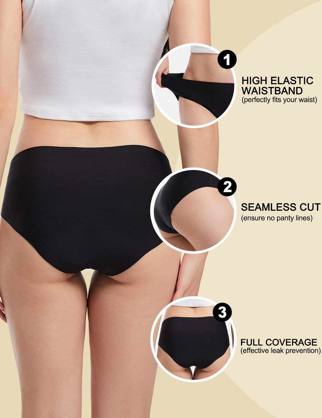 EcoPeriod Period Underwear for Women Heavy Flow Seamless LeakProof Menstrual Underwear No Show Period Panties(3 Pack, Black,S/M)