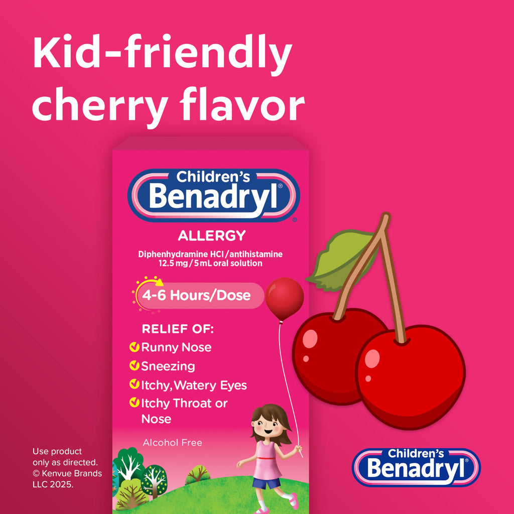 Benadryl Childrens Allergy Relief Liquid Medicine with Diphenhydramine HCl, Kids Allergy Syrup for Allergy Symptoms Like Runny