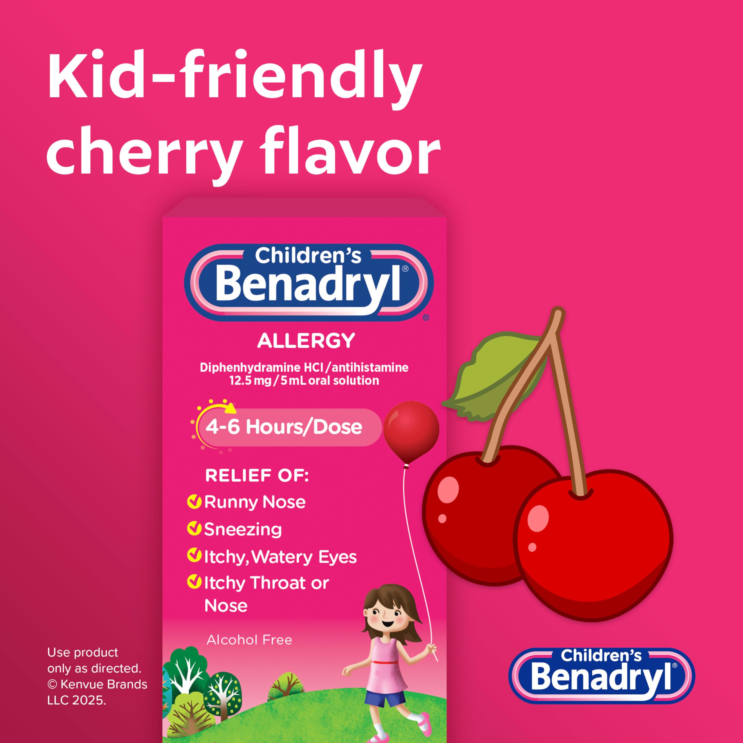 Benadryl Childrens Allergy Relief Liquid Medicine with Diphenhydramine HCl, Kids Allergy Syrup for Allergy Symptoms Like Runny