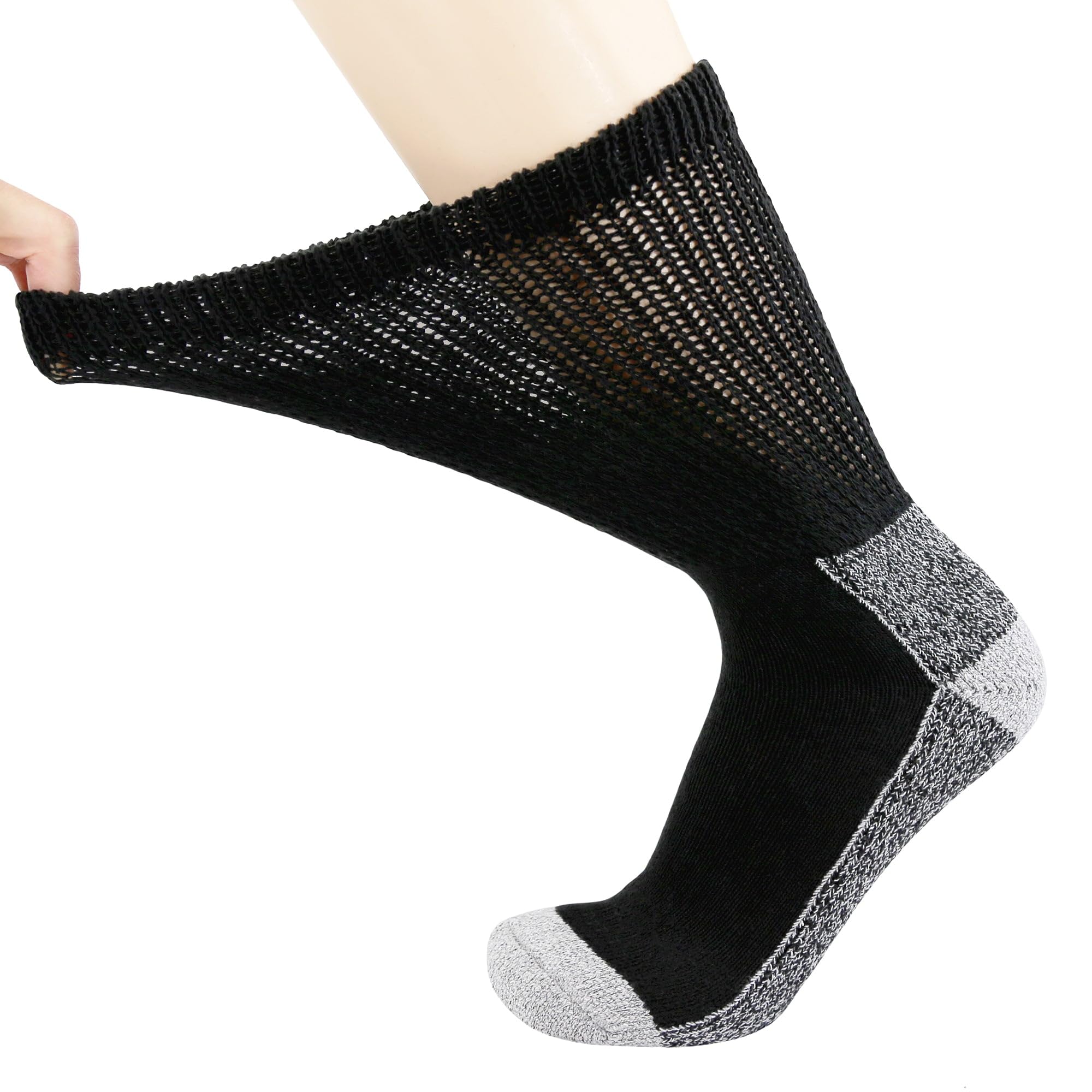 4 Pairs of Diabetic Extra Thick Warm Cotton Socks, Triple Cushioned Crew Slipper Socks (Black with Gray Sole, Size 10-13)