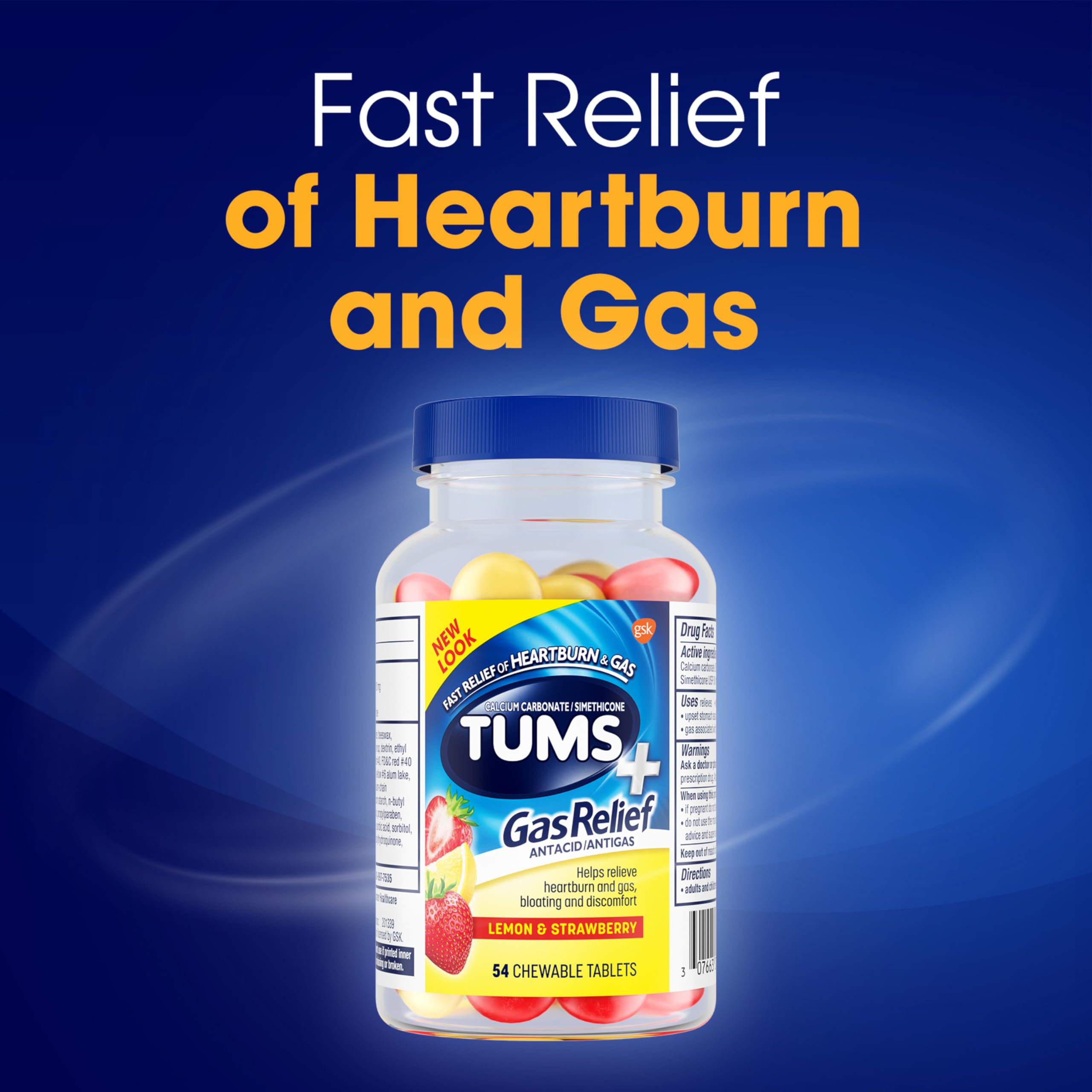 TUMS Chewy Bites Chewable Antacid Tablets with Gas Relief, Lemon & Strawberry - 54 Count