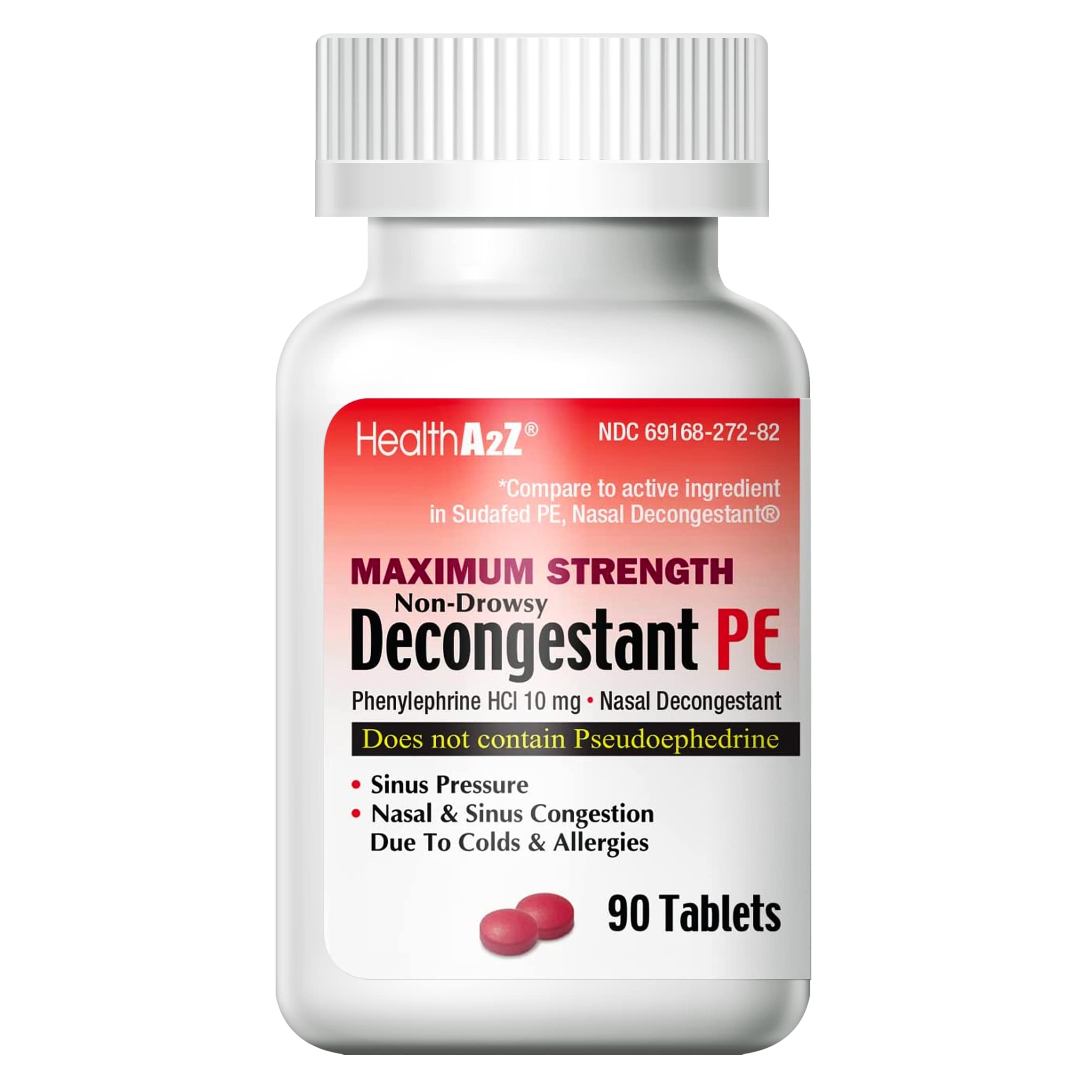 HealthA2Z Decongestant PE | Phenylephrine HCl 10 mg | Maximum Strength | Non-Drowsy Nasal & Sinus Congestion Relief Due to Cold 