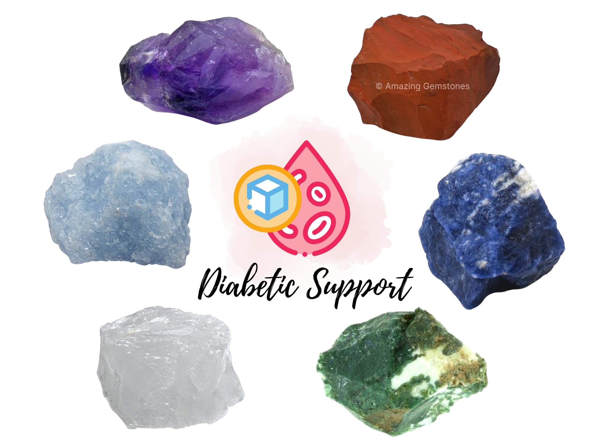 Crystals for Diabetes Support, Set of 6 Moss Agate, Blue Calcite, Sodalite, Clear Quartz, Red Jasper and Amethyst Healing Crysta
