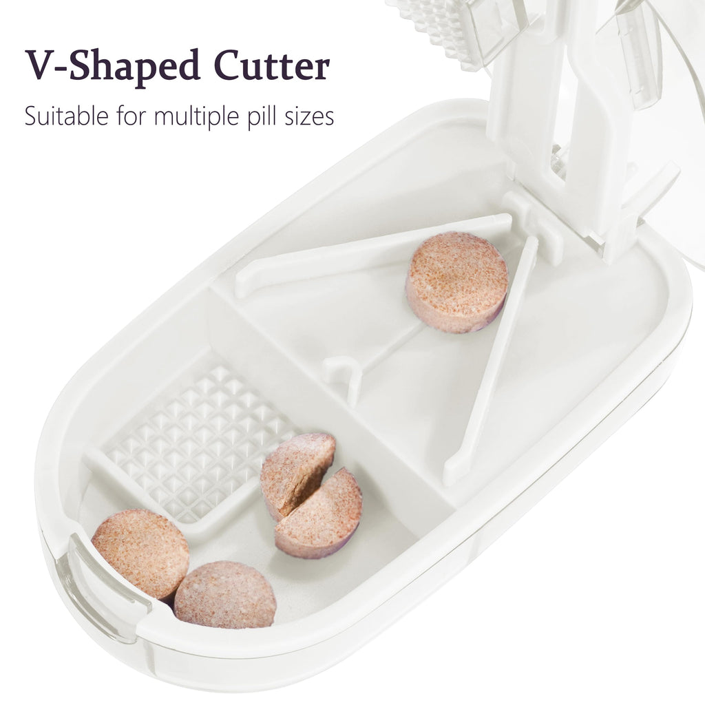 ColeMela Pill Cutter Splitter for Small and Tiny Pills, or Large Pills. V-Shaped Design for Multiple Sizes. Safety Blade Guard.