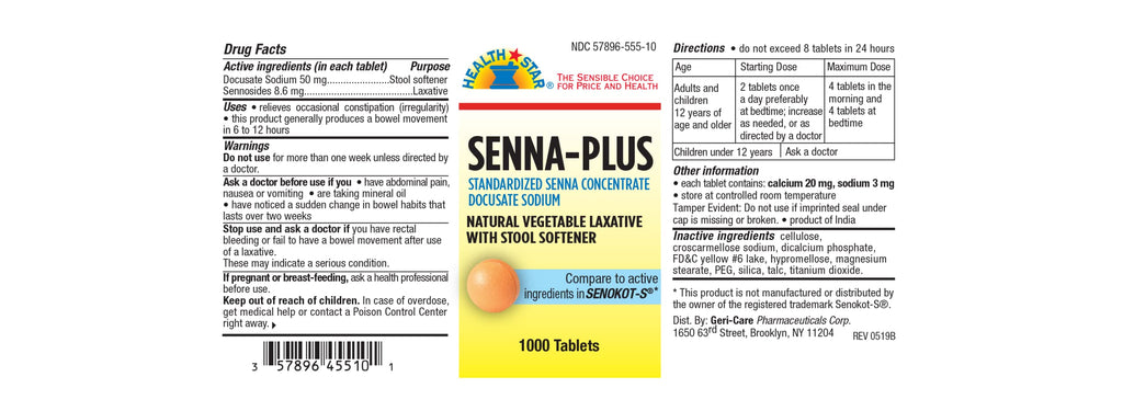 GeriCare Senna Plus Laxative Tablets, 50 mg / 8.6 mg Strength Docusate Sodium / Sennosides (1000 Tablets)