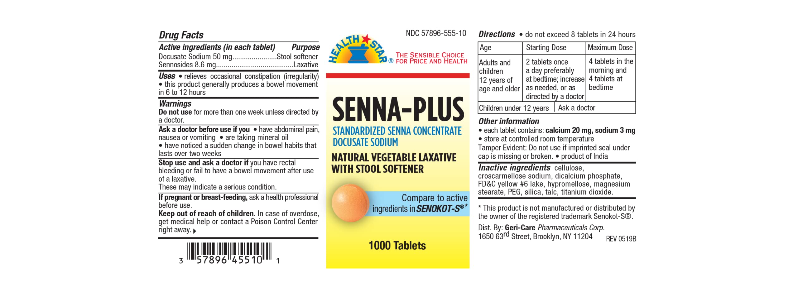 GeriCare Senna Plus Laxative Tablets, 50 mg / 8.6 mg Strength Docusate Sodium / Sennosides (1000 Tablets)