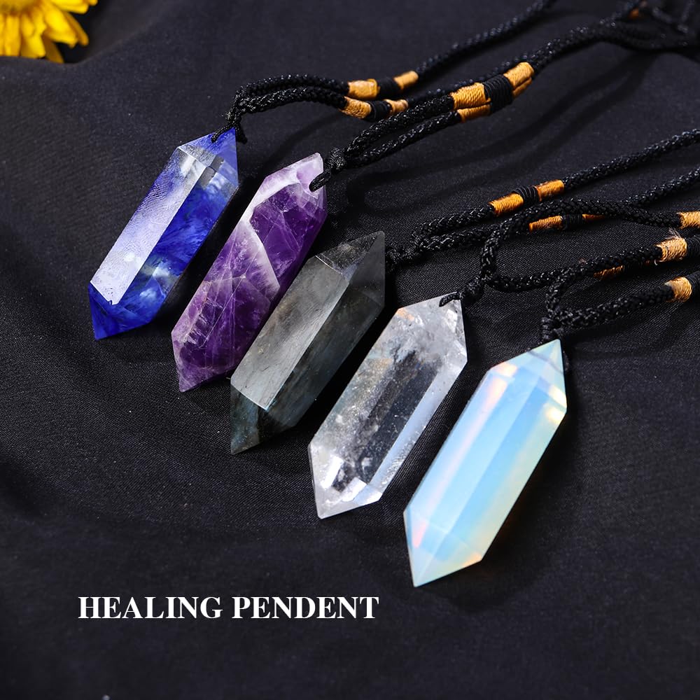 Runyangshi Clear Quartz Healing Crystal Pendants, Double Pointed Natural Crystal Quartz Necklace 6 Faceted Chakra Crystal Wand S