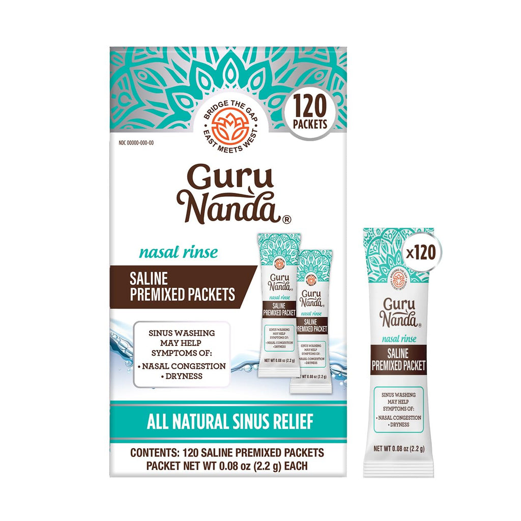 GuruNanda PreMixed Saline Packets for Nasal Rinse (120 Count), All Natural Sinus Rinse Packets to Help with Allergies & Congesti