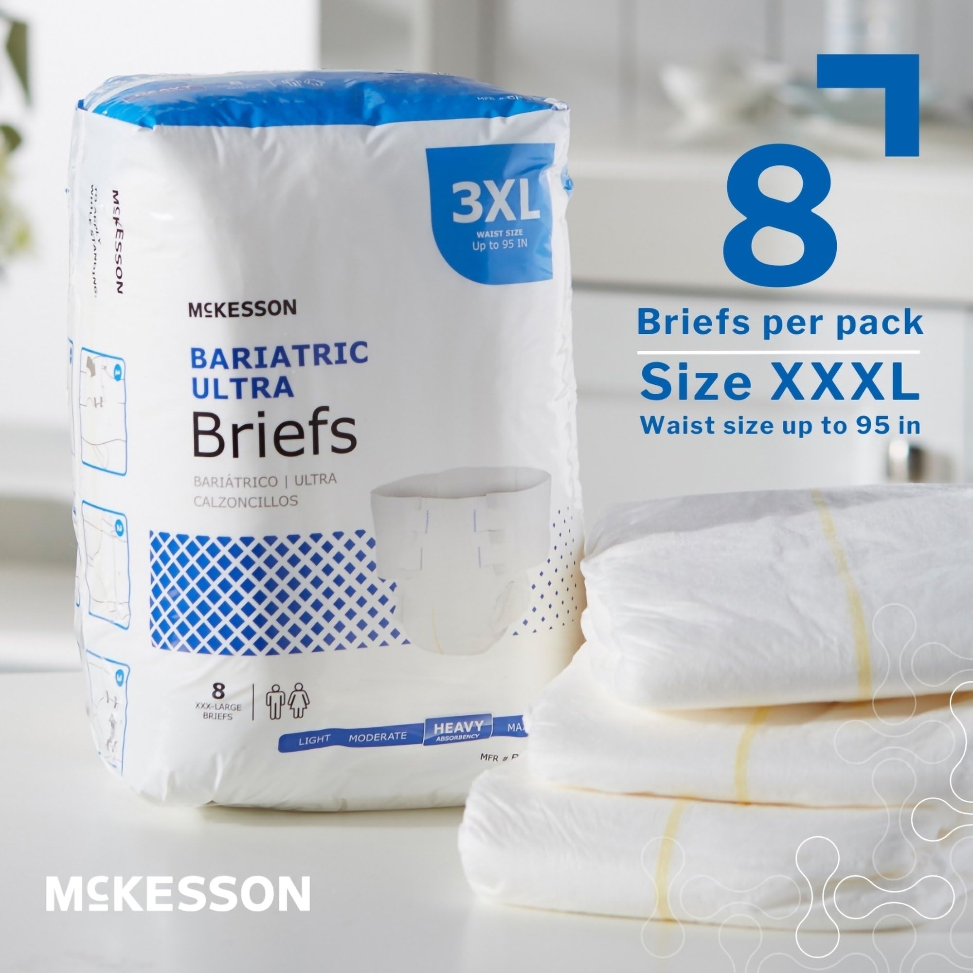 McKesson Ultra Briefs, [8 Count], 3XL, Up to 95 in. Incontinence Adult Diapers with Tabs, Heavy Absorbency, Unisex, Disposable,