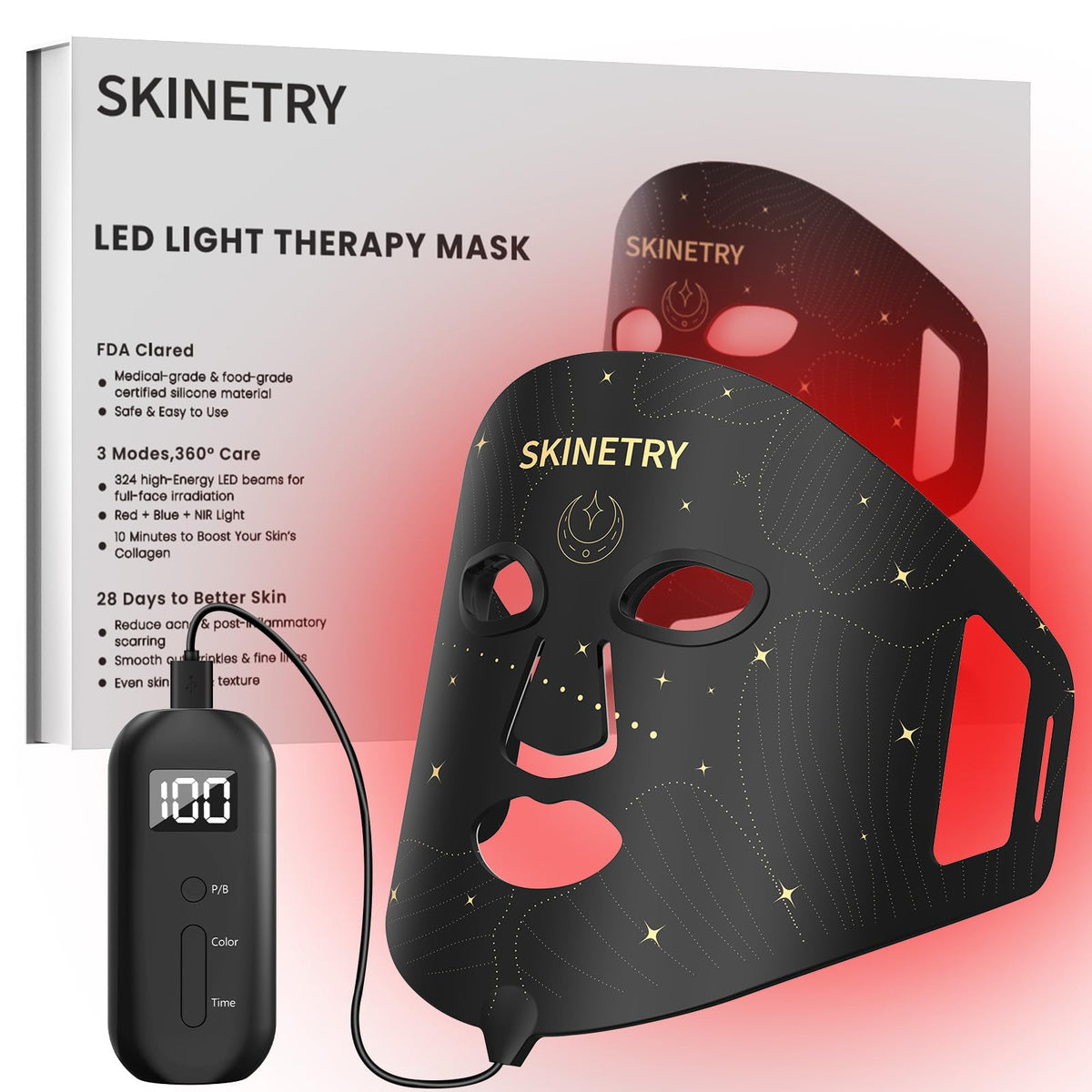 Skinetry LED Face Mask Light Therapy, Portable Red Light Therapy for Face,7 Light Modes with 2000mAh Rechargeable Remote, 324 LE