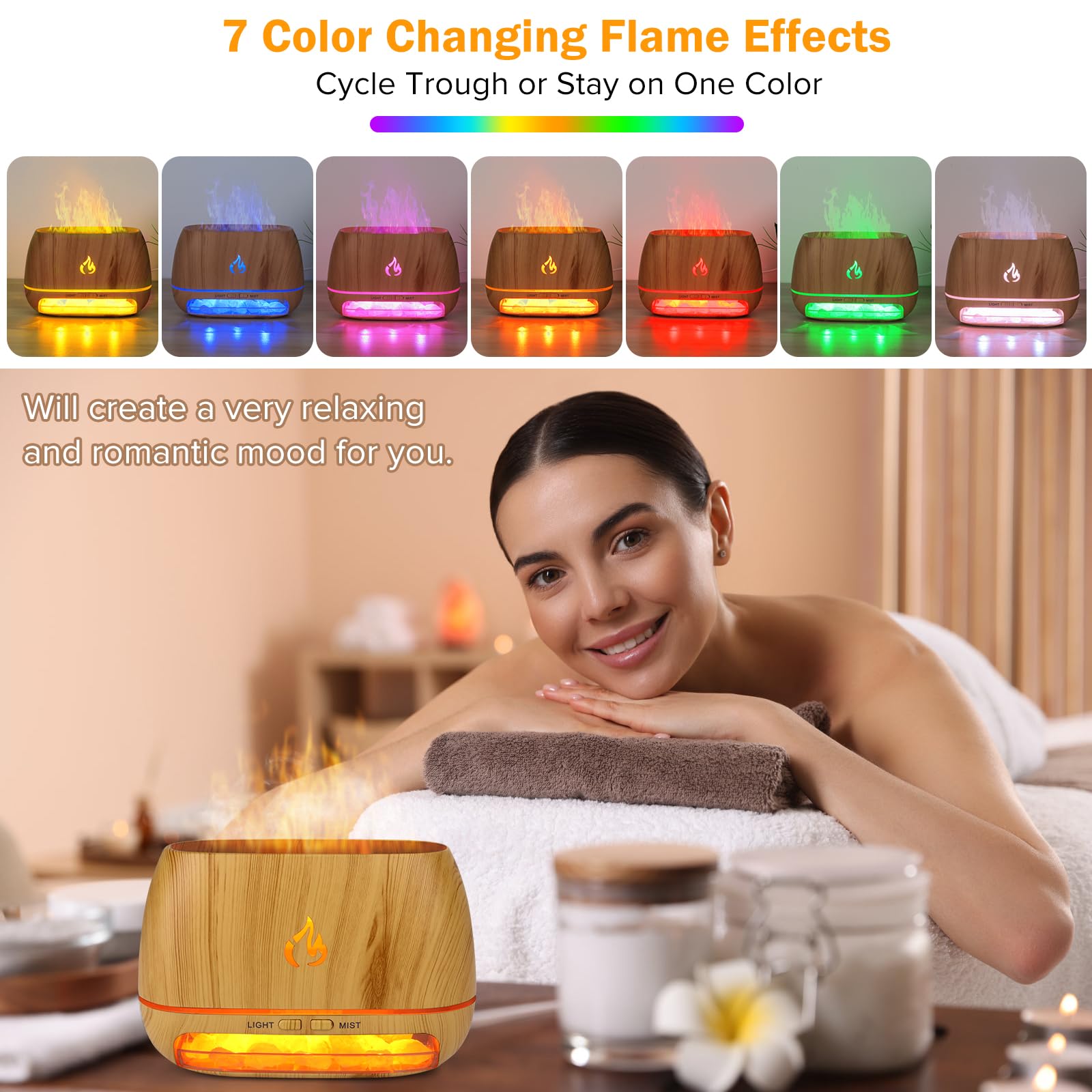 3-in-1 Himalayan Salt Rock Scent Diffuser, Ultrasonic Essential Oil Diffuser, Simulation Flame Diffuser, 7 Colors Changing Oil D