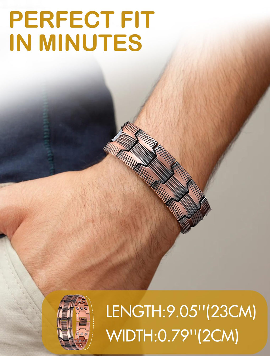 Feraco 3X Strength Copper Bracelets for Men Magnetic Bracelet with 3 Row Neodymium Magnets Adjustable Length, Pure Copper Jewelr