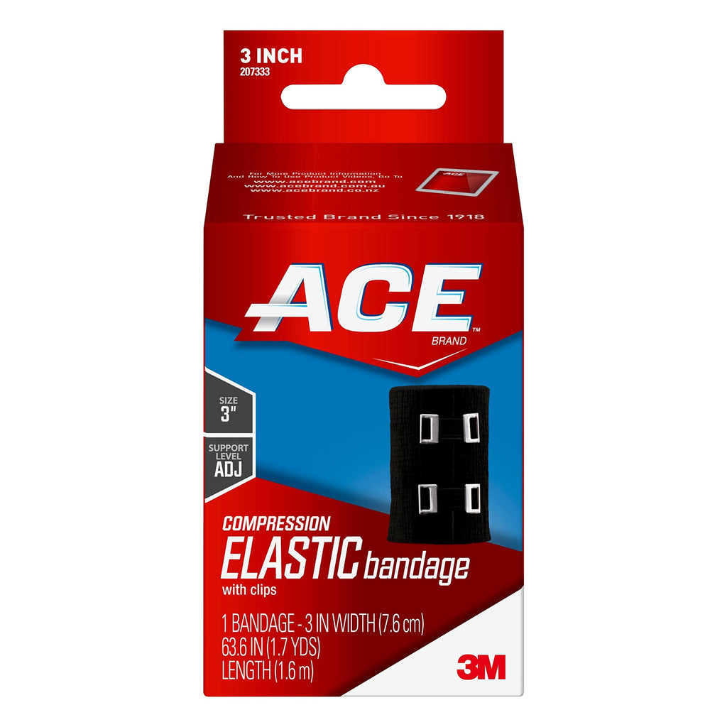 ACE 3 Inch Elastic Bandage with with Clips, Black, Great for Elbow, Ankle, Knee and More, 1 Count