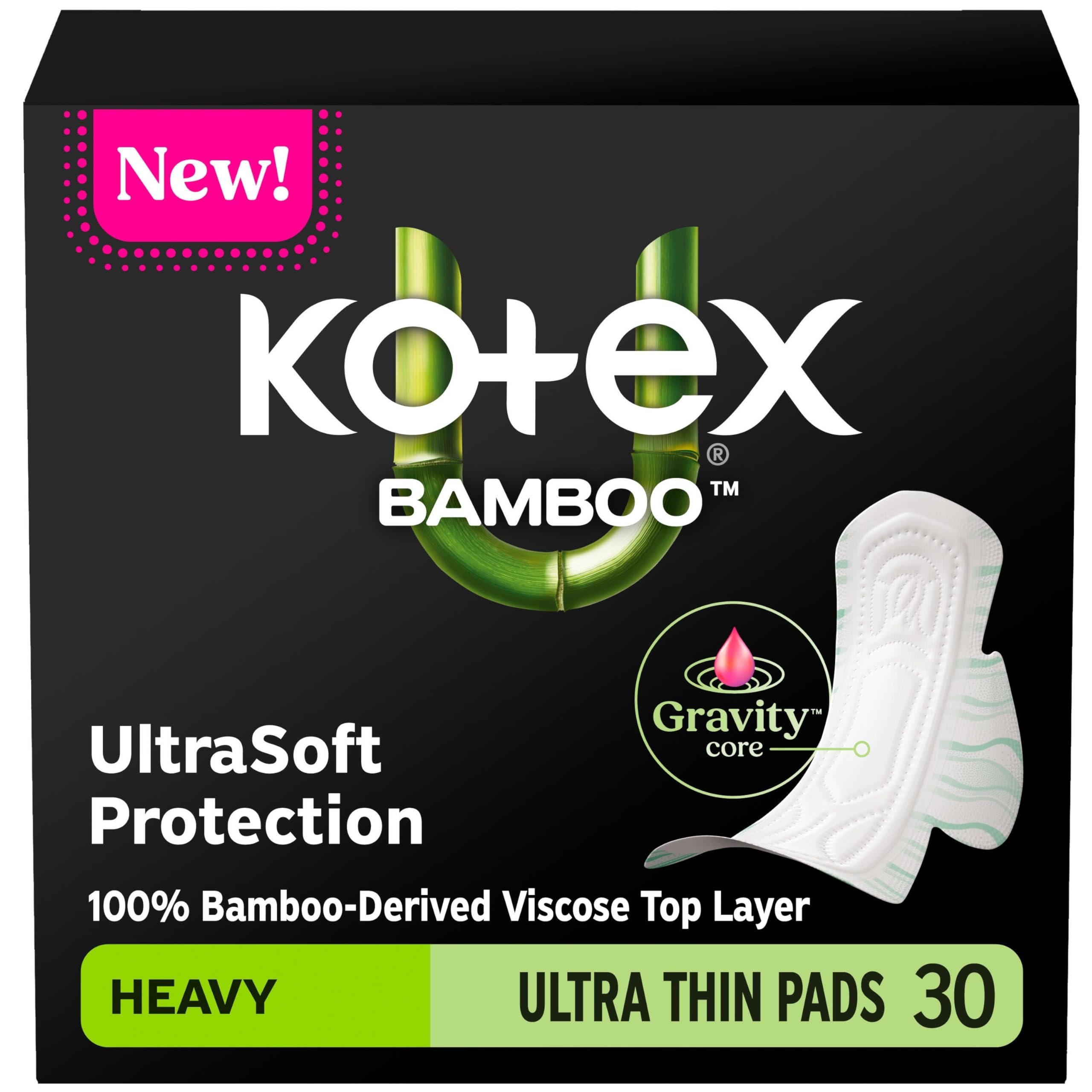 Kotex Bamboo Ultra Thin Pads with Wings, Heavy Absorbency, 30 Count (Packaging May Vary)