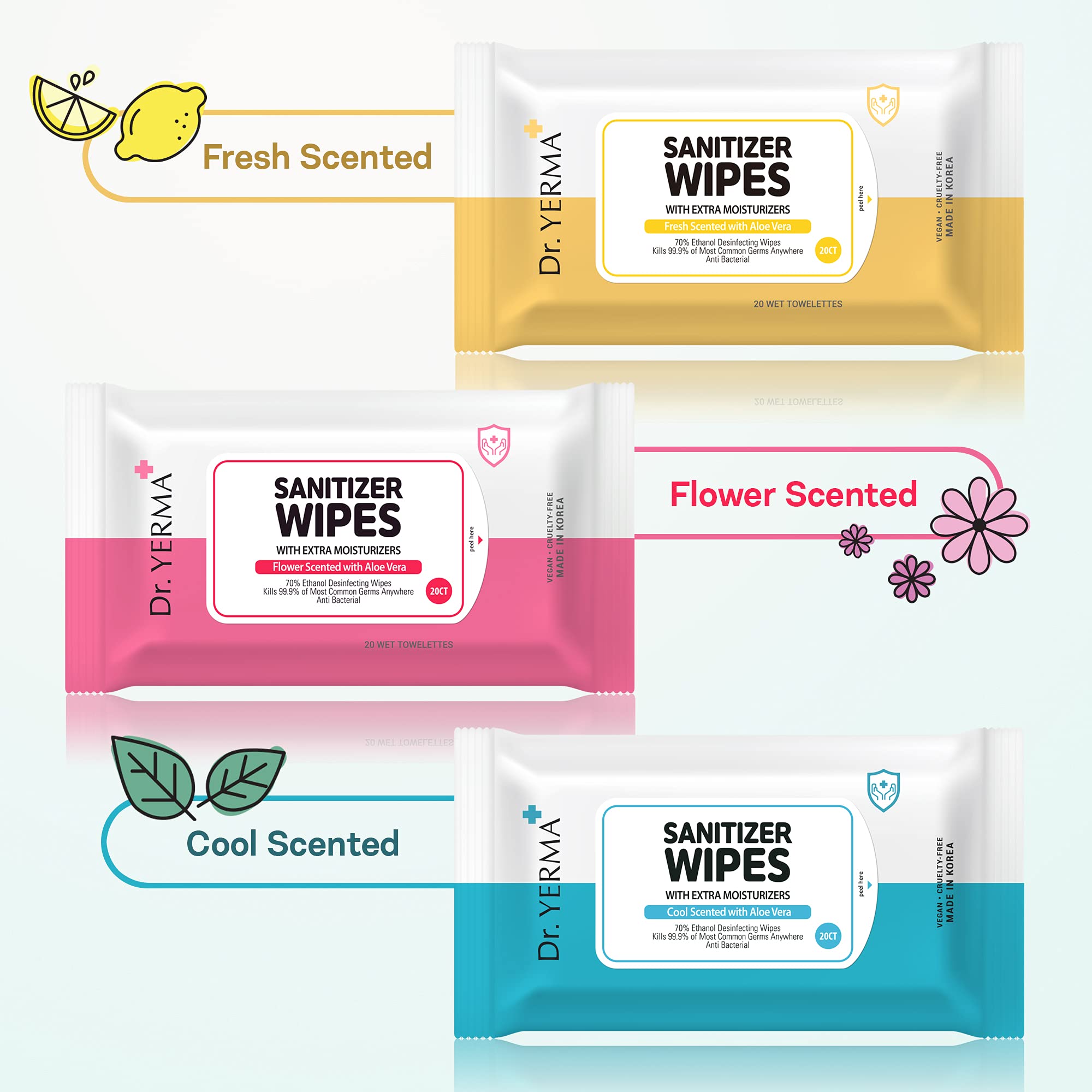 Dr. YERMA 70% Alcohol Hand Sanitizer Wipes with Aloe Vera & Extra Moisturizers, 10 Packs of 20 (200 wipes) Travel Size, Vegan Co