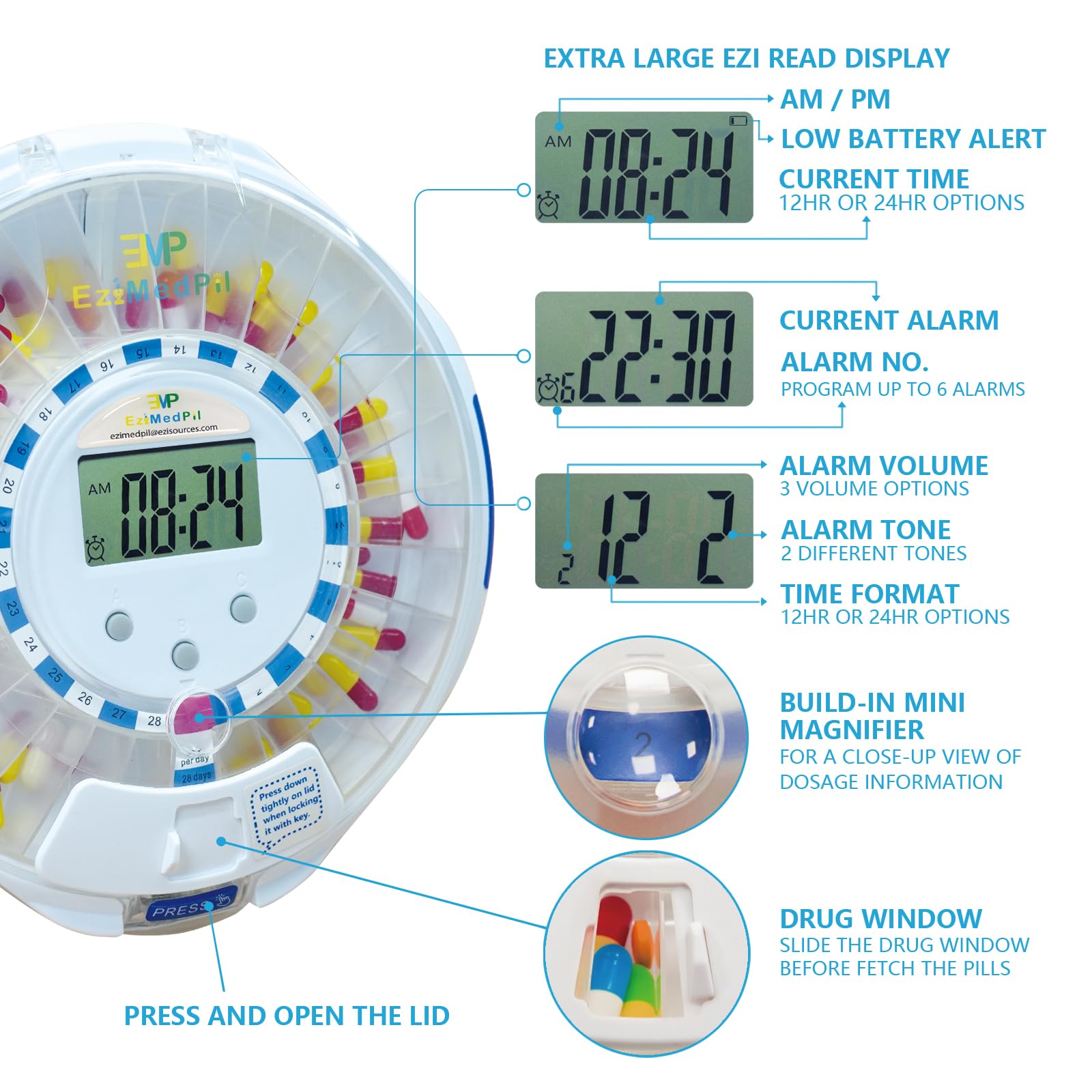 EziMedPil Automatic Pill Dispenser for Elderly & Alzheimers Care w/Audio & Visual Alerts, up to 6 Alarms/Day, Easy-Read LCD Disp