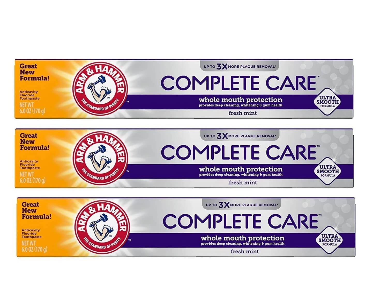 ARM & HAMMER Complete Care Fluoride Anticavity Toothpaste, Fresh Mint 6 oz (Pack of 3)