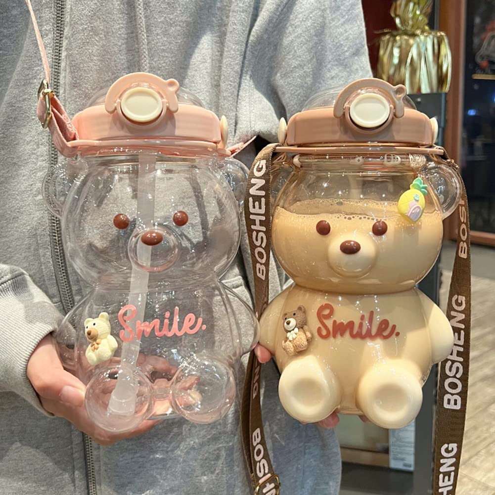 JQWSVE Kawaii Bear Straw Bottle, Kawaii Water Bottles Cute Water Bottle with Stickers, Leak-Proof Kawaii Bear Water Bottle for O