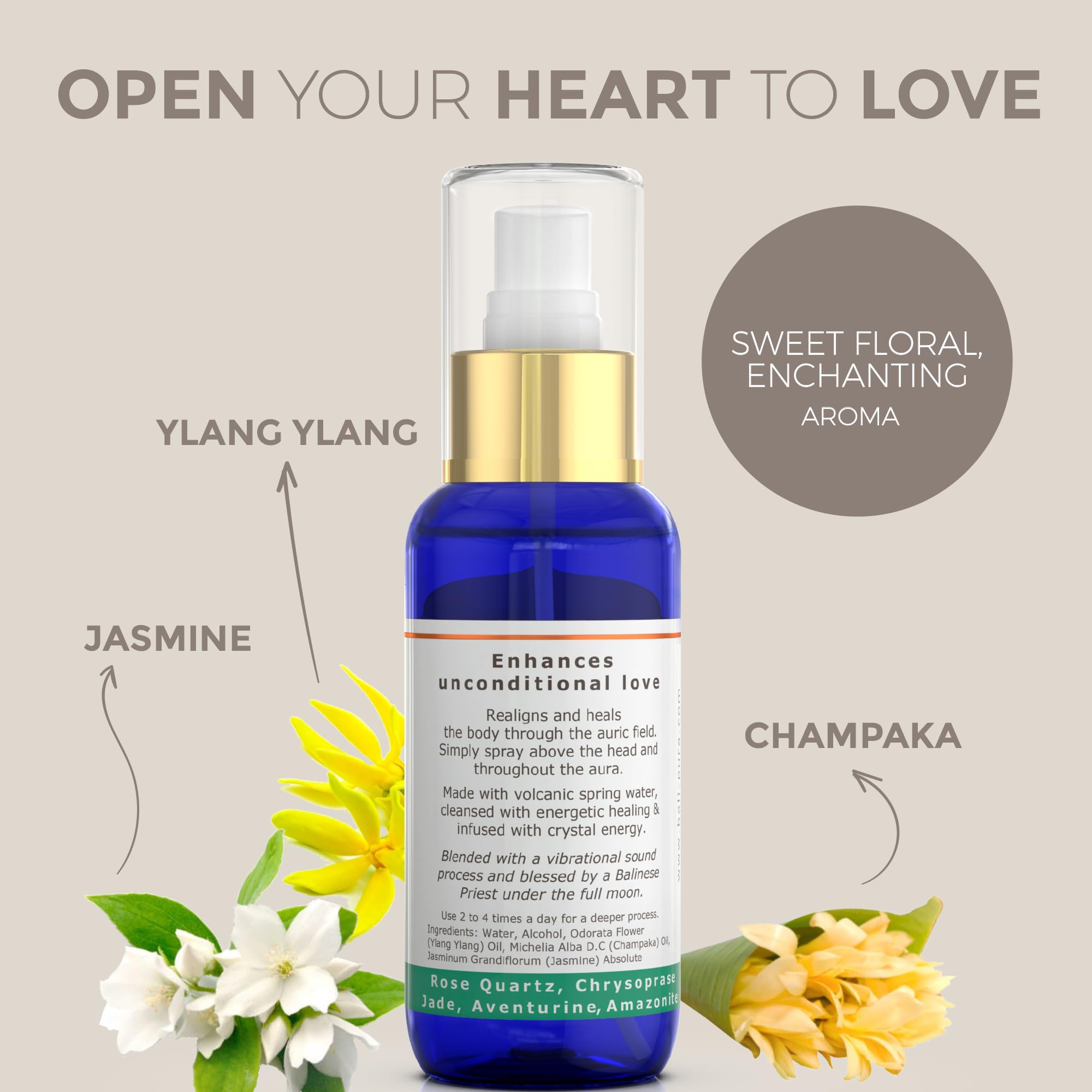 BALIPURA Pure Love Aura Spray - Organic Jasmine & Ylang Ylang Essential Oils - Attraction Mist with Quartz Crystals - Aromathera