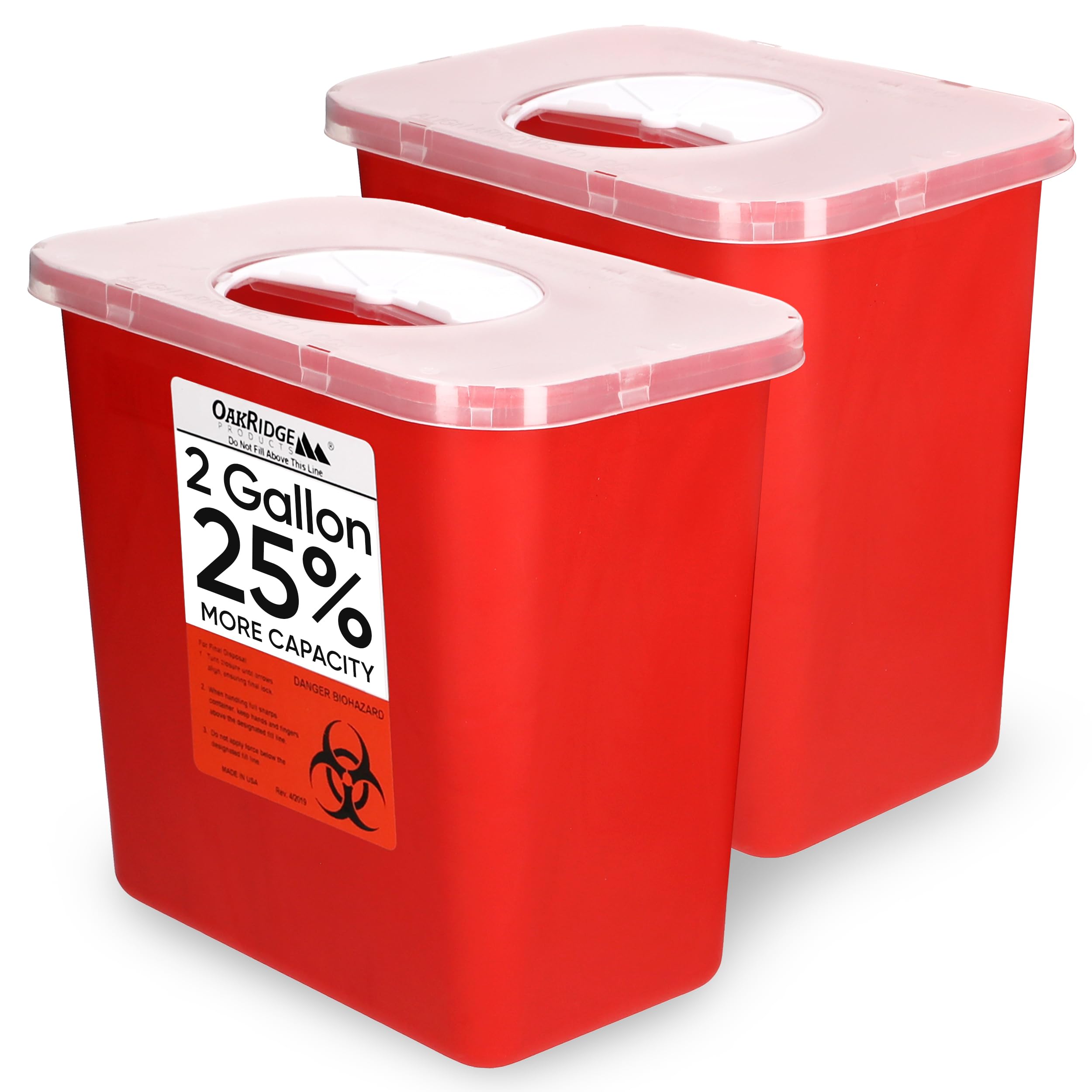 Oakridge Products Large Sharps Container for Home Use and Professional 2 Gallon (2-Pack) with Rotating lid, Biohazard Needle and