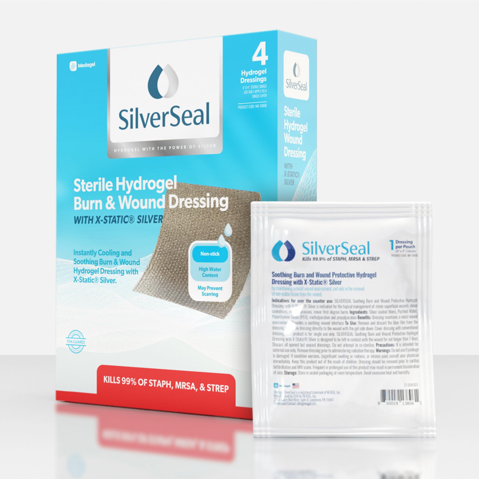 SilverSeal Burn and Wound Dressing | Hydrogel Pads with X-Static Silver | Soothing, Moist & Protective | Burns, Cuts & Wounds |