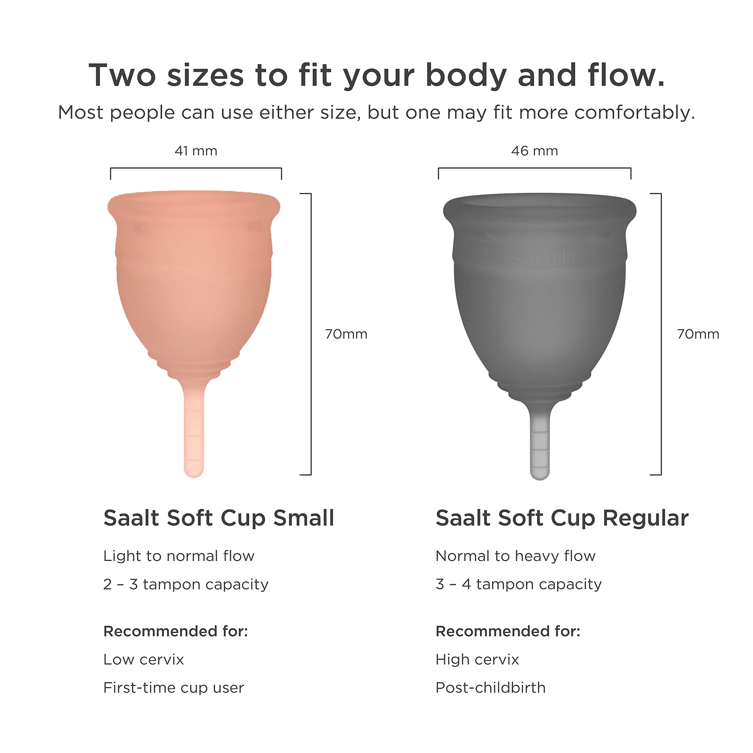 Saalt Soft Menstrual Cup - Best Sensitive Reusable Period Cup - Wear for 12 Hours - Tampon and Pad Alternative (Regular Grey, Sm