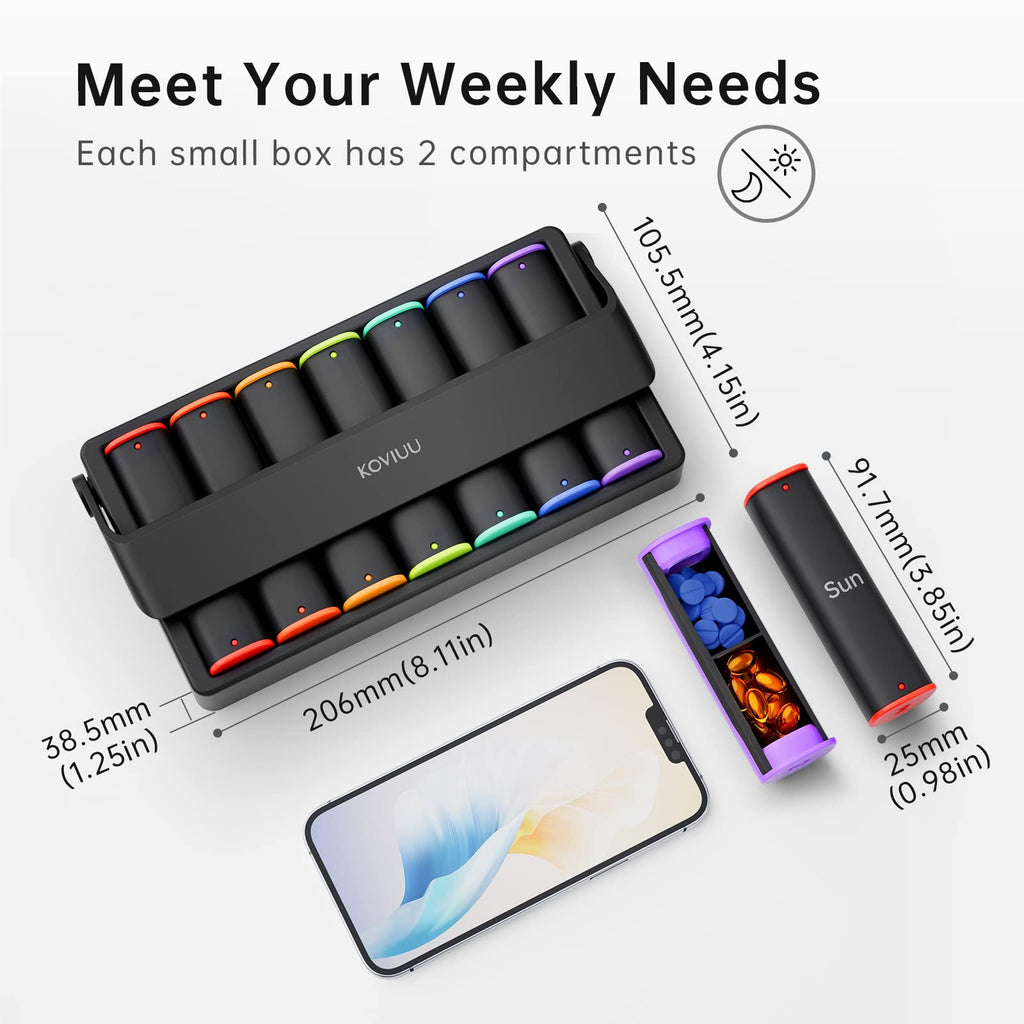 Weekly Pill Organizer 2 Times a Day, KOVIUU Large Travel Pill Box 7 Day, Am Pm Twice Daily Pill Case with Rotatable Handle, Week